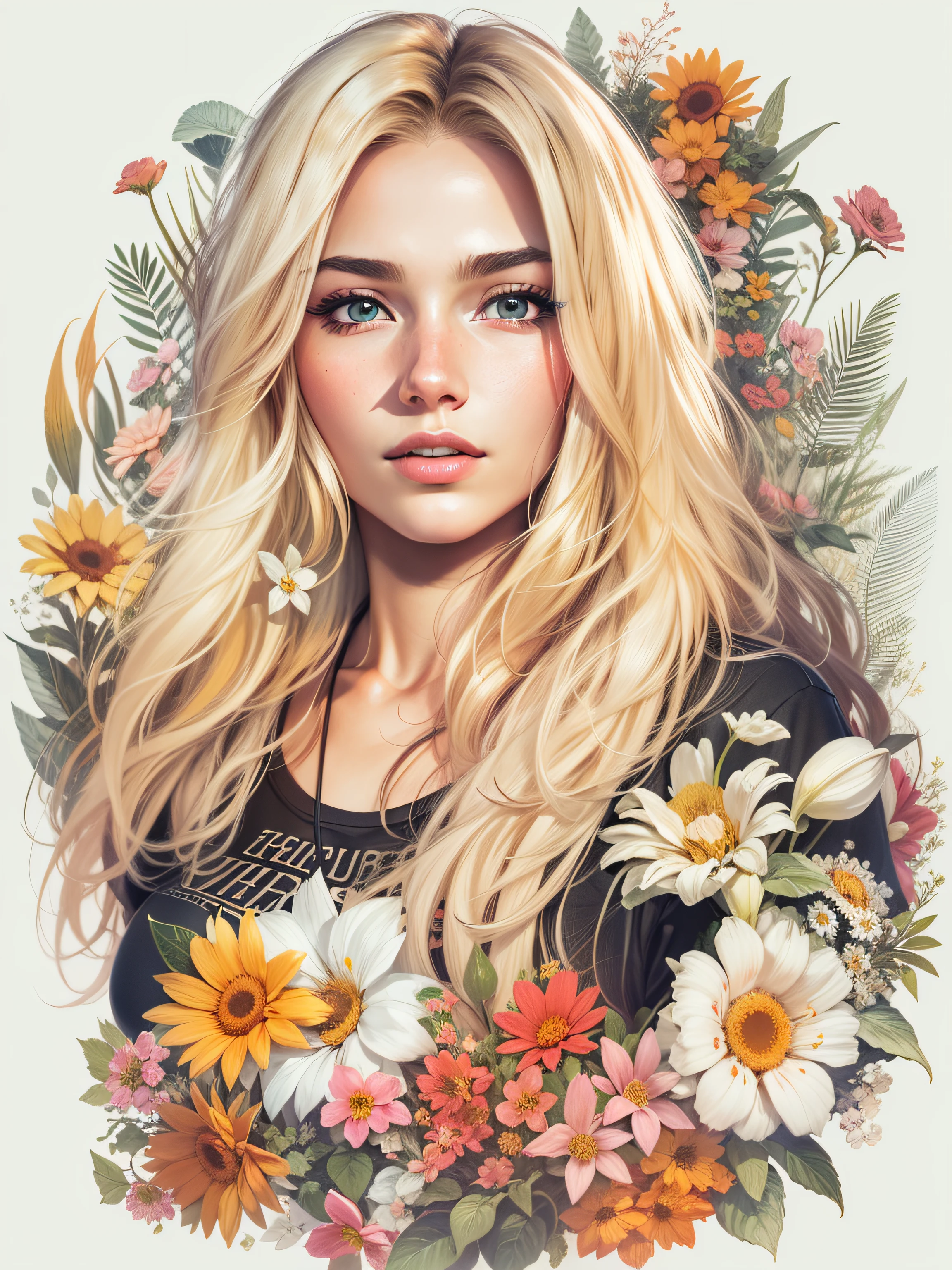 young woman, wearing short black bikini with long blonde hair, surrounded by various flowers, realistic style image, surrounded by vibraprint ready vector t-shirt design, white background, side view, sticker, clean white background, professional vector, high detail, T-shirt design, vibrant.