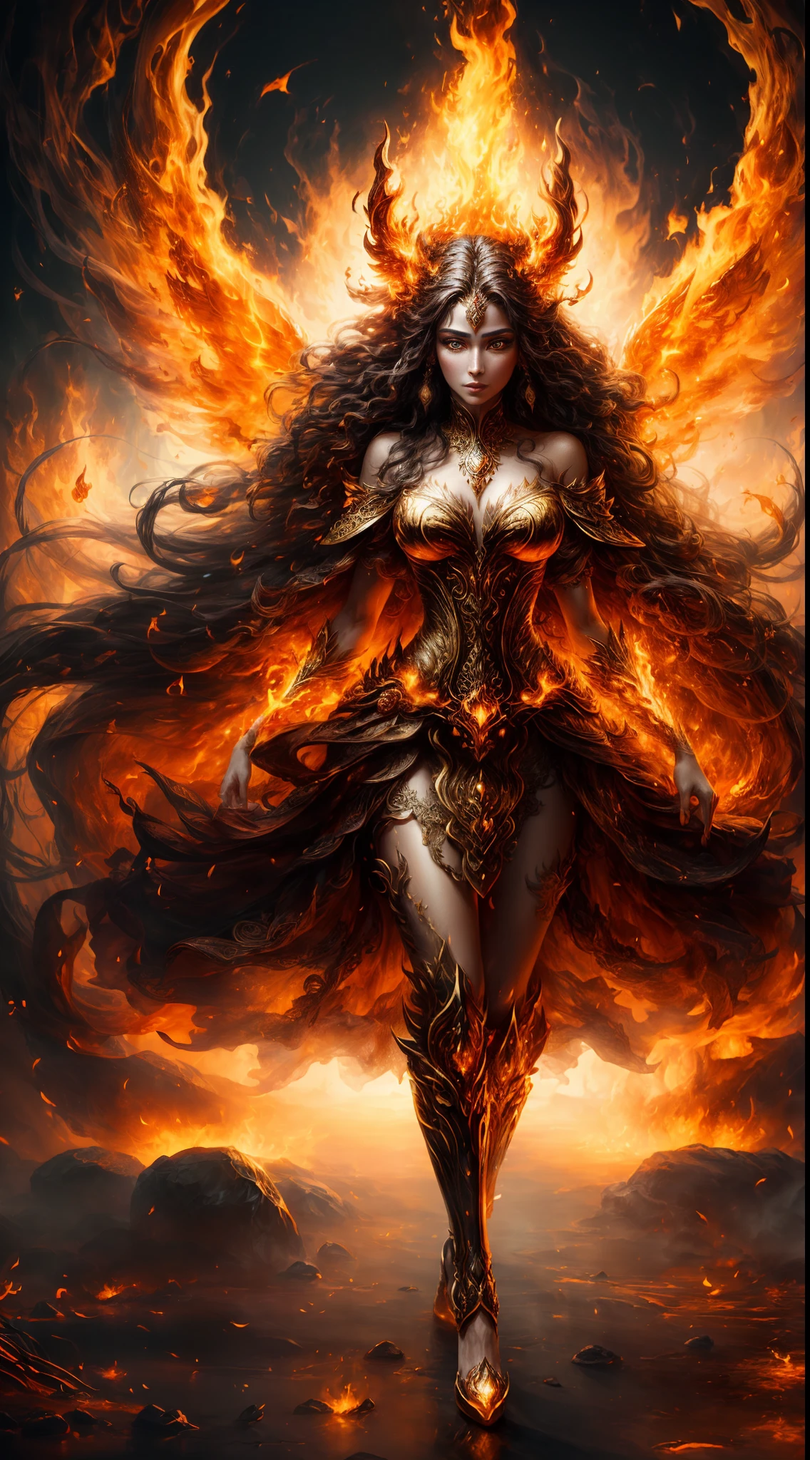 This is a realistic fantasy artwork prominently featuring realistic fire, including wisps of flames, glowing hot embers, subtle curls of smoke, and a beautiful fire druid. The druid stands in the midst of a raging inferno with an interesting composition. ((Her face is expertly sculpted)), with ((elegant and refined features and perfect shading and realistic skin texture)). Her (orange and gold eyes) are stunning and are the focal point of this image. ((Her eyes extremely detailed, beautiful detailed eyes, and macro)). Her eyes feature intricate detailing with clearly defined irises and bright sclera. Her soft lips are smooth and very puffy, and her skin is adorned with a light flush and ornate fire detailing. Her long gown is stunning and expensive, and is made of pure flames and glittering, ornate jewels that glimmer in the fire light. Her billowing gown glitters from the flames and features a delicately and intricately embroidered bodice with wisps of flames running across it. Include fantasy elements like bumps, stones, fiery iridescence, glowing embers, silk, and an interesting background. Include fiery magical creatures such as fiery birds and fiery butterflies that give off a magical and mystical aura. Lighting: Utilize the latest trends in lighting to enhance the artwork's beauty. Camera: Utilize dynamic composition to create a sense of urgency and excitement. Take inspiration from the current masters of the fantasy genre, including trending artists on Artstation and Midjourney. ((masterpiece))