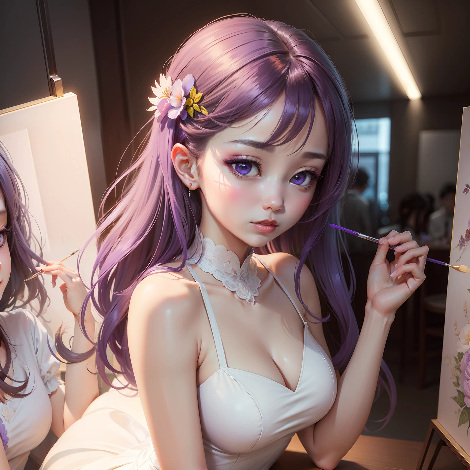 Color works, high qulity, Extremely delicate, Two-dimensional painting style, Static, An elegant and beautiful woman, Purple pupils and white tight dress, Gu Yuena