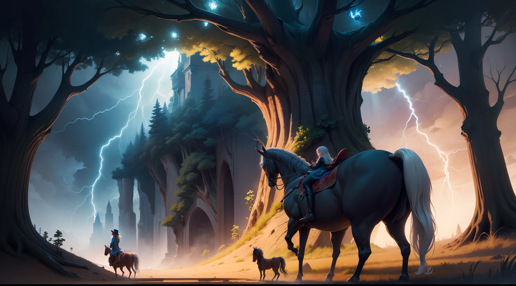 Girl and her horse Lightning entered the magical world and were fascinated. They explored every corner, conocieron a muchos amigos y se divirtieron mucho. Every night they returned to the tree to sleep.