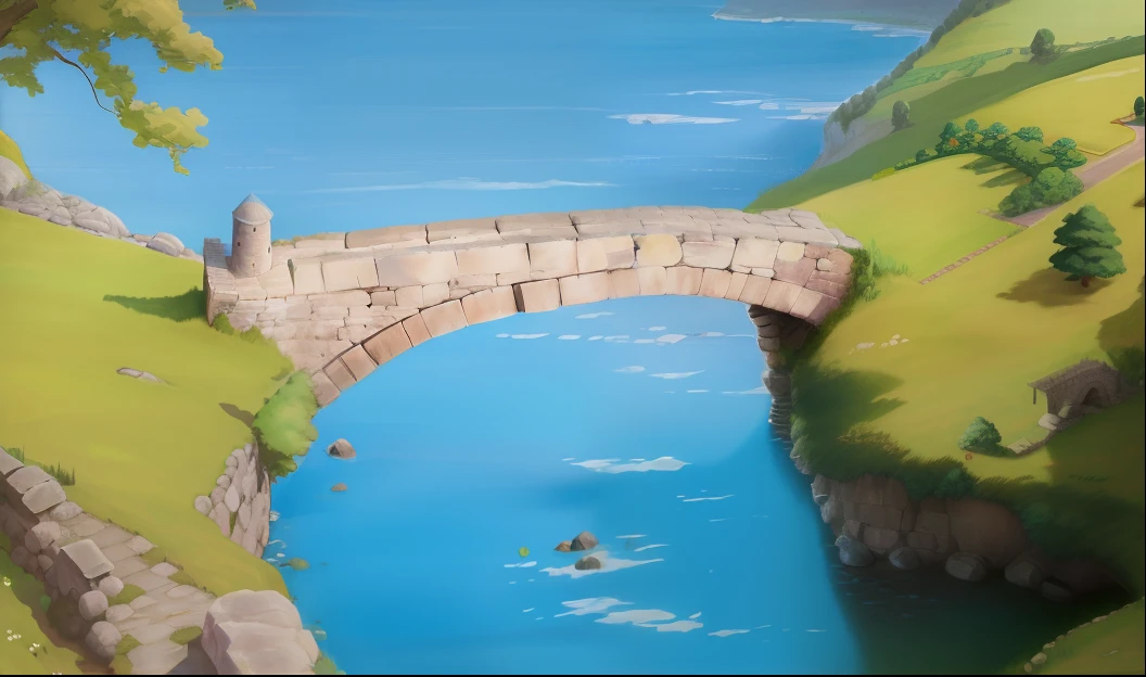 Medieval stone bridge,Rough stones,The bridge is planted with European-style battle flags,Frontal top-down view,The picture quality is clear,studio ghibli painterly style