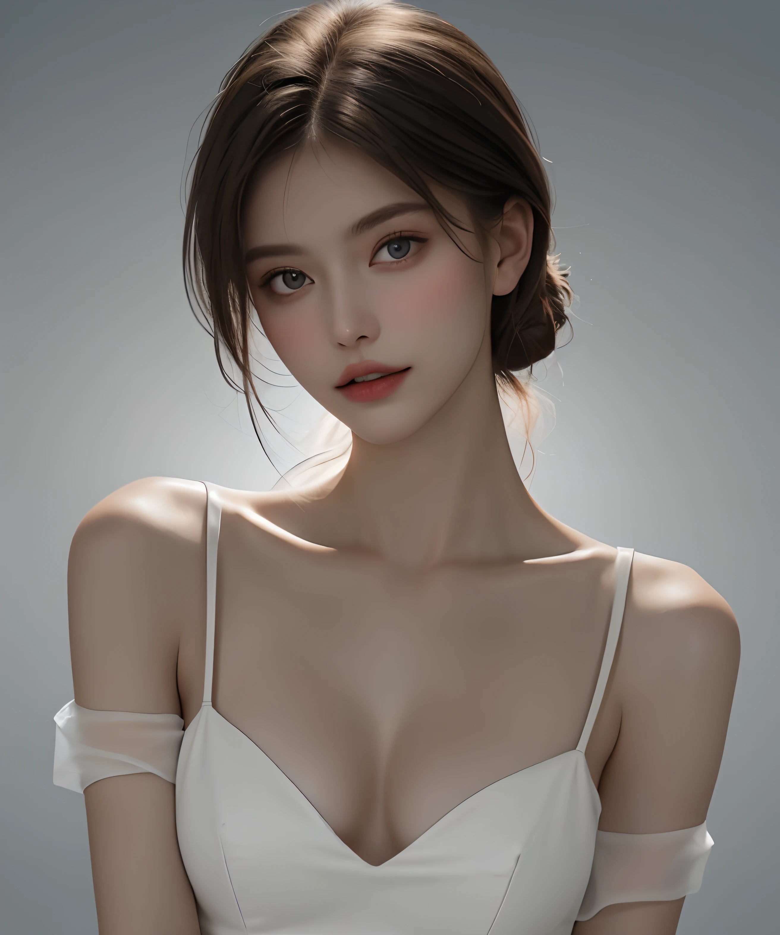 Fashion model 25 years old, [Close-up]]]], [[Chest]]]], [Neck]]]], [Shoulder]]]], perfect eyes, perfect iris, perfect lips, perfect teeth, perfect skin, soft front light, glow, HDR, (muted colors: 1.2)