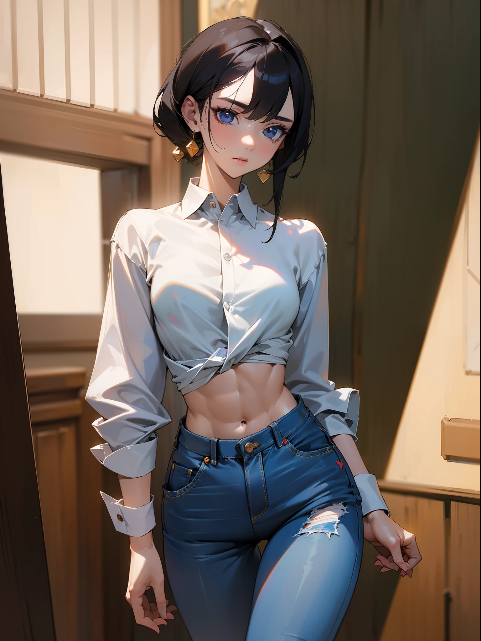 ((Best quality, 8k, Masterpiece :1.3)), A pretty woman with perfect figure :1.4, (Slender abs), Black hair, Small breasts, , Highly detailed face and skin texture, Detailed eyes, baggy shirt, short jeans