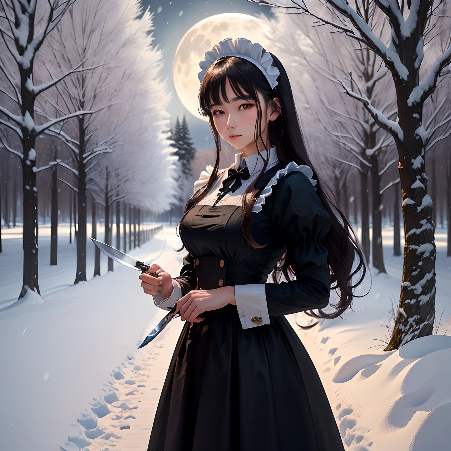 Dark moon Heavy snow, tree shadows swaying, maid with knife