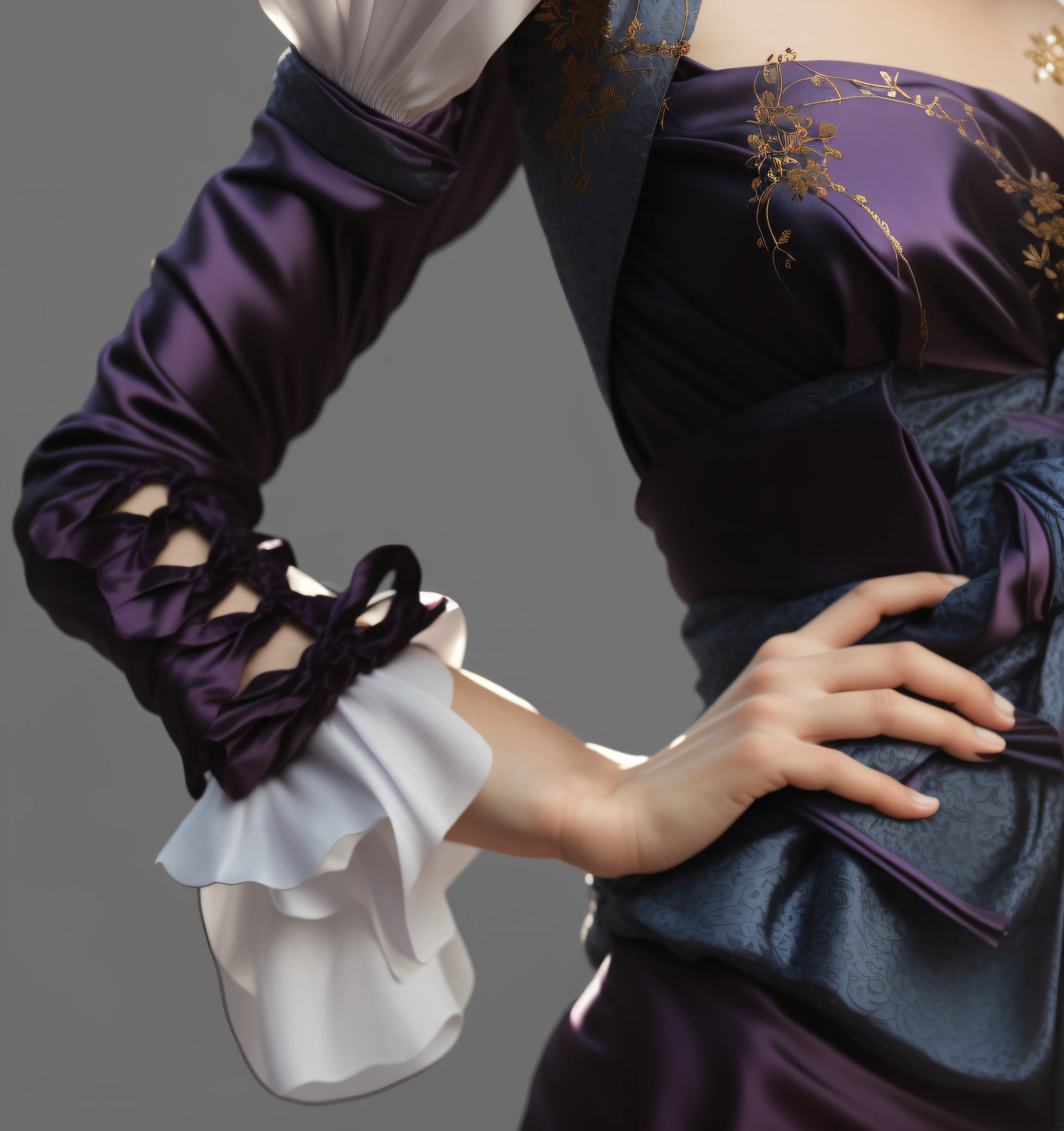 Purple silk clothes with crisscrossing knots on the sleeves and white folds at the cuffs, bloom, ((cold light)), sharp focus, photo realistic, detailed skin, background out of focus, cinematic composition , ultra-detailed, realistic , hyper-realistic , volumetric lighting, 8k, trending on artstation