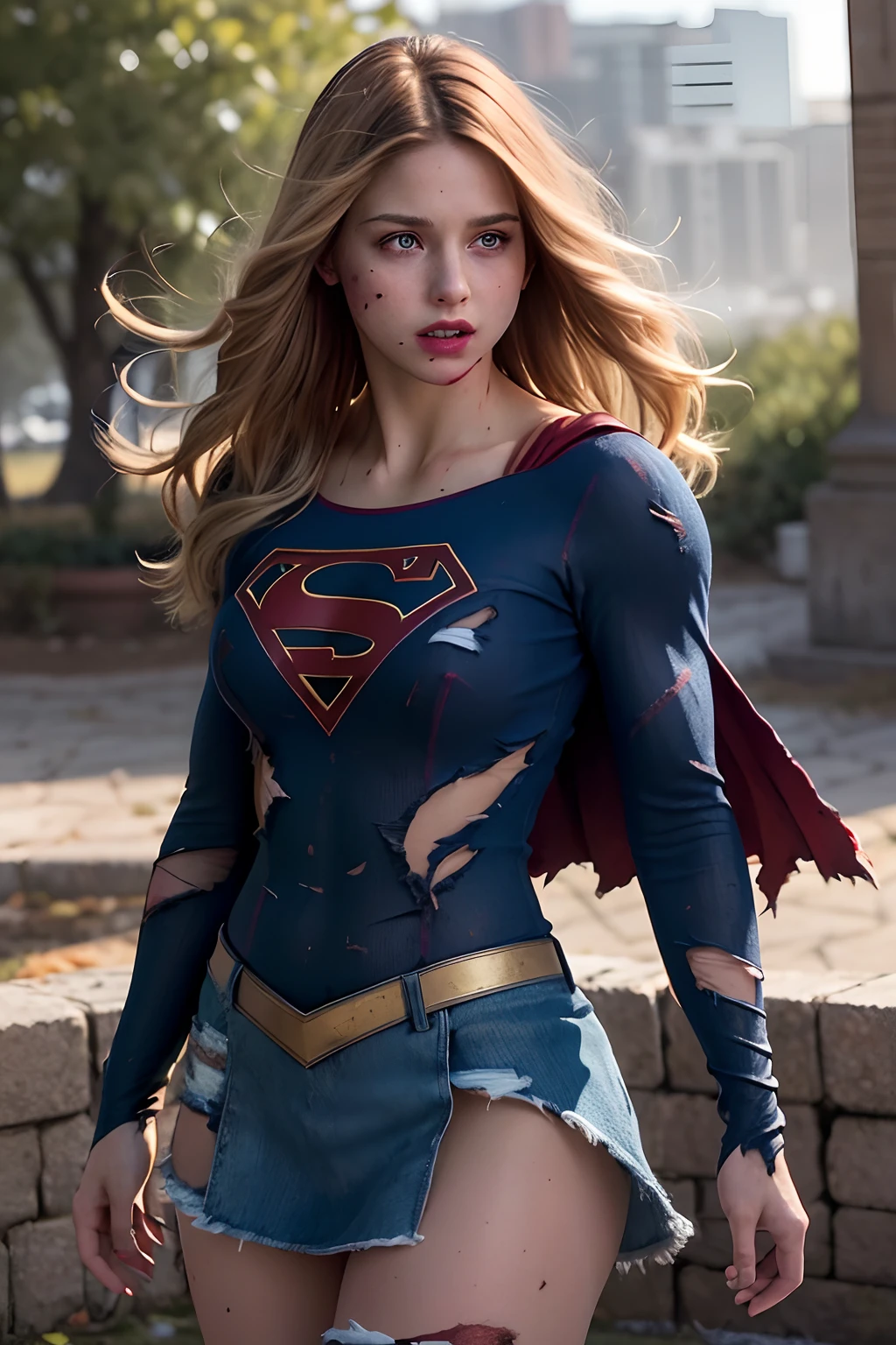 8k, best quality, real picture, intricate details, ultra-detailed, ultra highres, depth field,(photorealistic,realistic:1.2),masterpiece,photo of  european girl, supergirl, (bruise, dirty, torn clothes, revealing clothes, blood:1.3), blue eyes, blonde hair, long hair, ripped cape, ripped pantyhose, superhero, solo, sun, blue sky,
best quality, realistic, photorealistic, (intricate details:1.2), (delicate detailed), (cinematic light), clear line, sharp focus, realistic face, detailed face,
unity 8k wallpaper, ultra high res, (photorealistic:1.4), looking at viewer