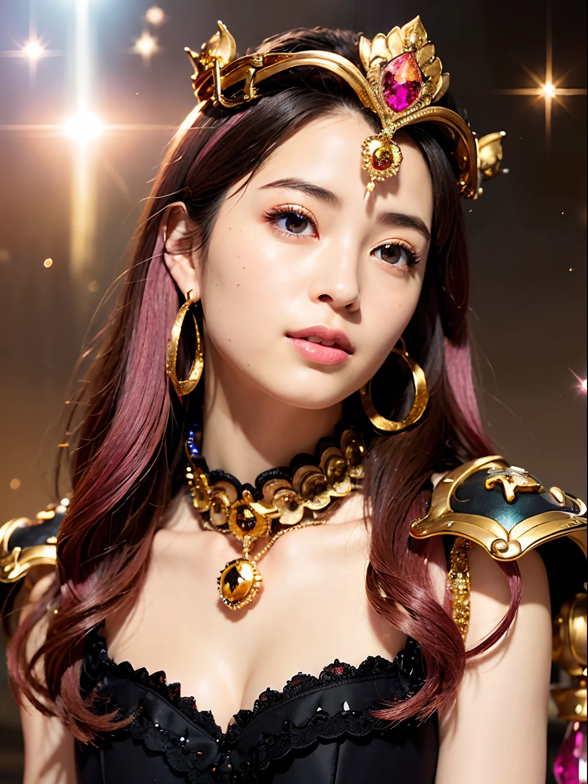 (masutepiece), Professional , masterpiece、top-quality、photos realistic , depth of fields (Gemstone Silver Metal Body:1.9),(Matte Pink、Particles of light、Jewel Gold Weapon(Jewel Metal Body:1.4),Gorgeous metal weapons , Detailed Sword of the Brave , Beautiful knife ,warhammer 40k , adepta sororitas,Detail and ornate jewel crown、Black hair、Gangle's forest background、Beautiful Caucasian beauty、1a person、dynamic ungle,(((Detailed and ornate diamond crown)))、Smaller head、A smile、Take a sexy pose、Background inside the castle、Thin and beautiful female hands、