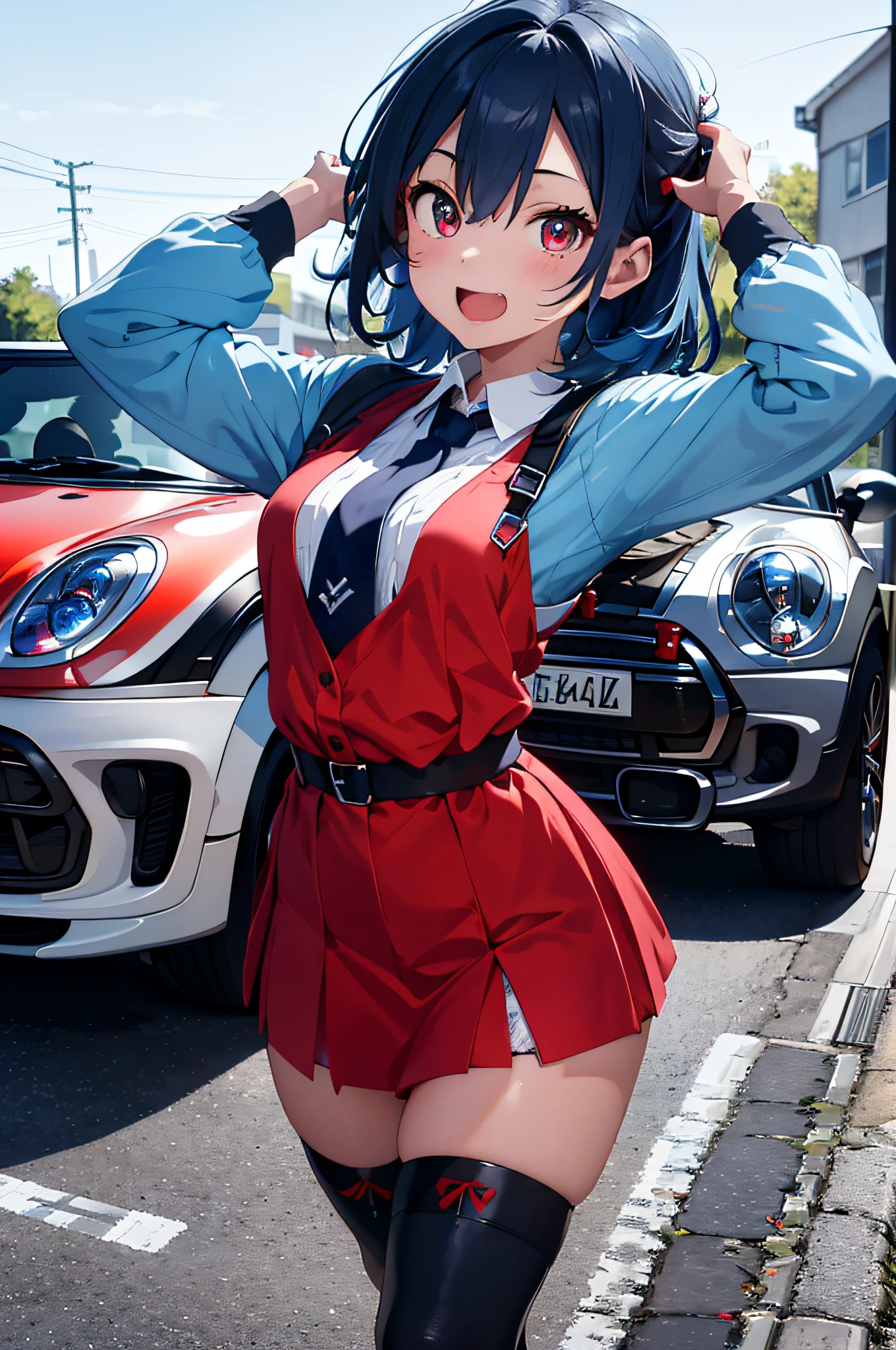(top-quality、in 8K、32K、​masterpiece、UHD、ighly detailed、Photorealsitic:1.2)、dynamic ungle、Full body, (Circuit field、sports car on the background、Mini:1.4)、sunlights、deep-shadows、Realistic pupils、Sharp pupils、detailed faces and eyes、beauitful face、Beauties over 25 years old、shinny skin, Beautiful blue hair、Twin-tailed、Red Eyes、beauitful face、Bright lace queen outfit、a miniskirt、Wearing boots、Absolute area、Tie your hair with a big red ribbon、Curve、raise arms、Opens mouth and laughs、dynamicposes、