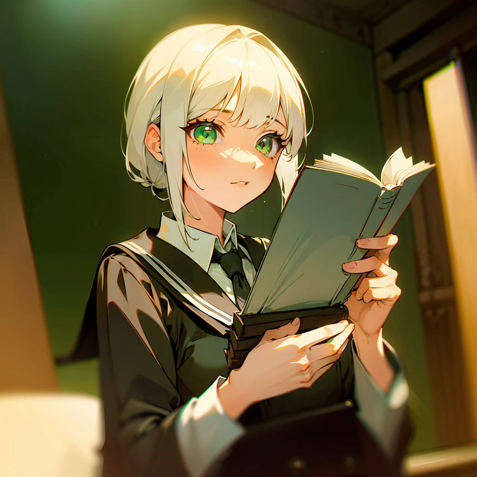 mksks style, (very detailed background:1.0), (highly detailed background:1.0), 1girl, reading a books, school dress, white hair, green eyes, masterpiece, best quality, (1girl, solo, girl:1.2), park, chromatic aberration, depth of field, soft lighting