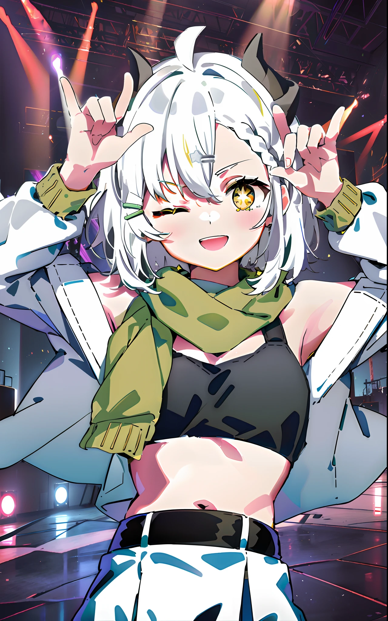 white hair,((green hair clip))