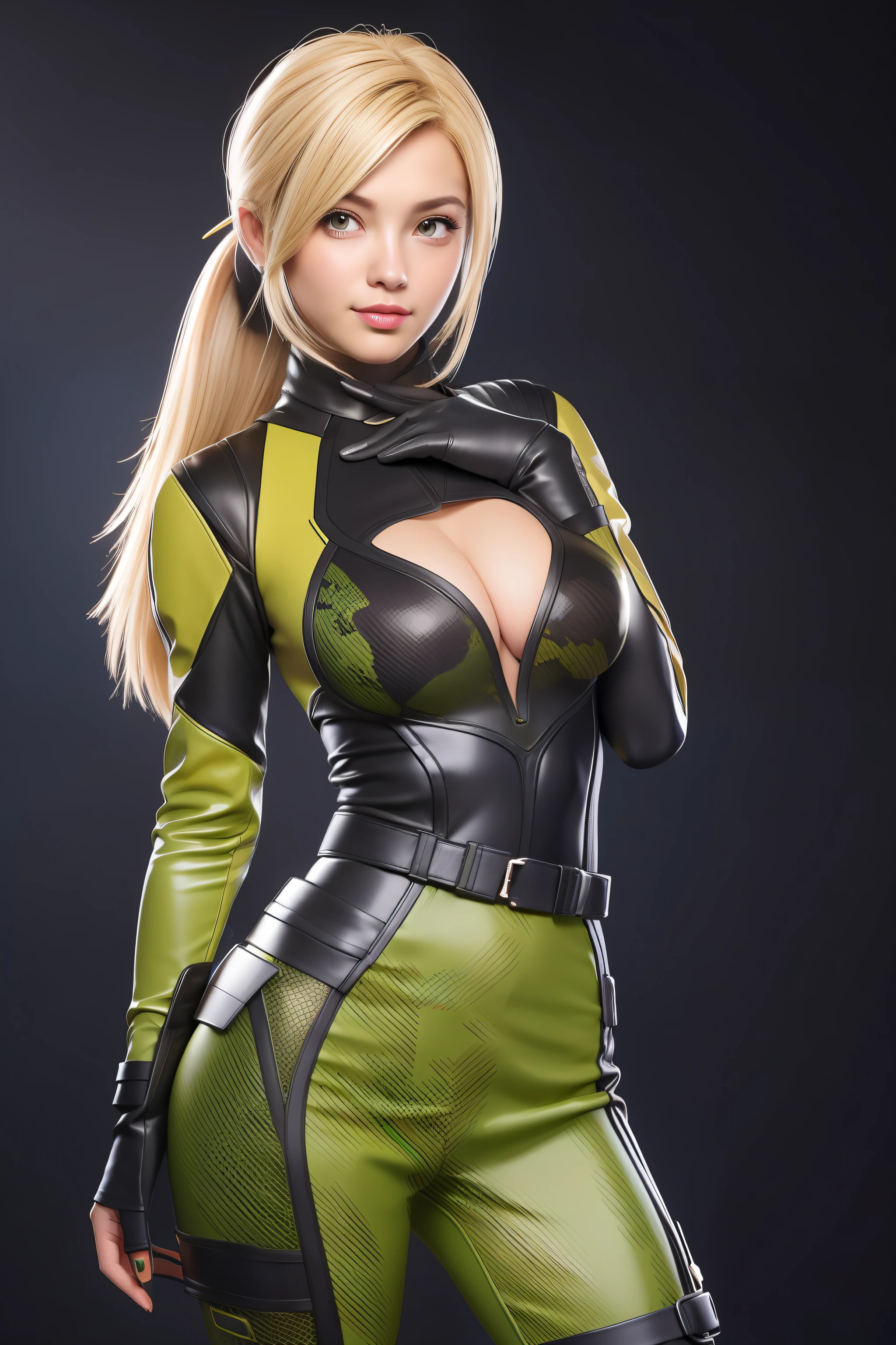 Beautiful Face Woman、a blond、Yellow-green camouflage pattern background、 Beautuful Women、18year old、prety woman、hyper realistic photography、High-definition photos、red lipsticks、Mandalorian style miniskirt suit in metal armor、The skin is not very exposed、Do not cut your head off the screen、Camouflage skirt、Facing the front、beutiful breast、tight skirts、poneyTail
