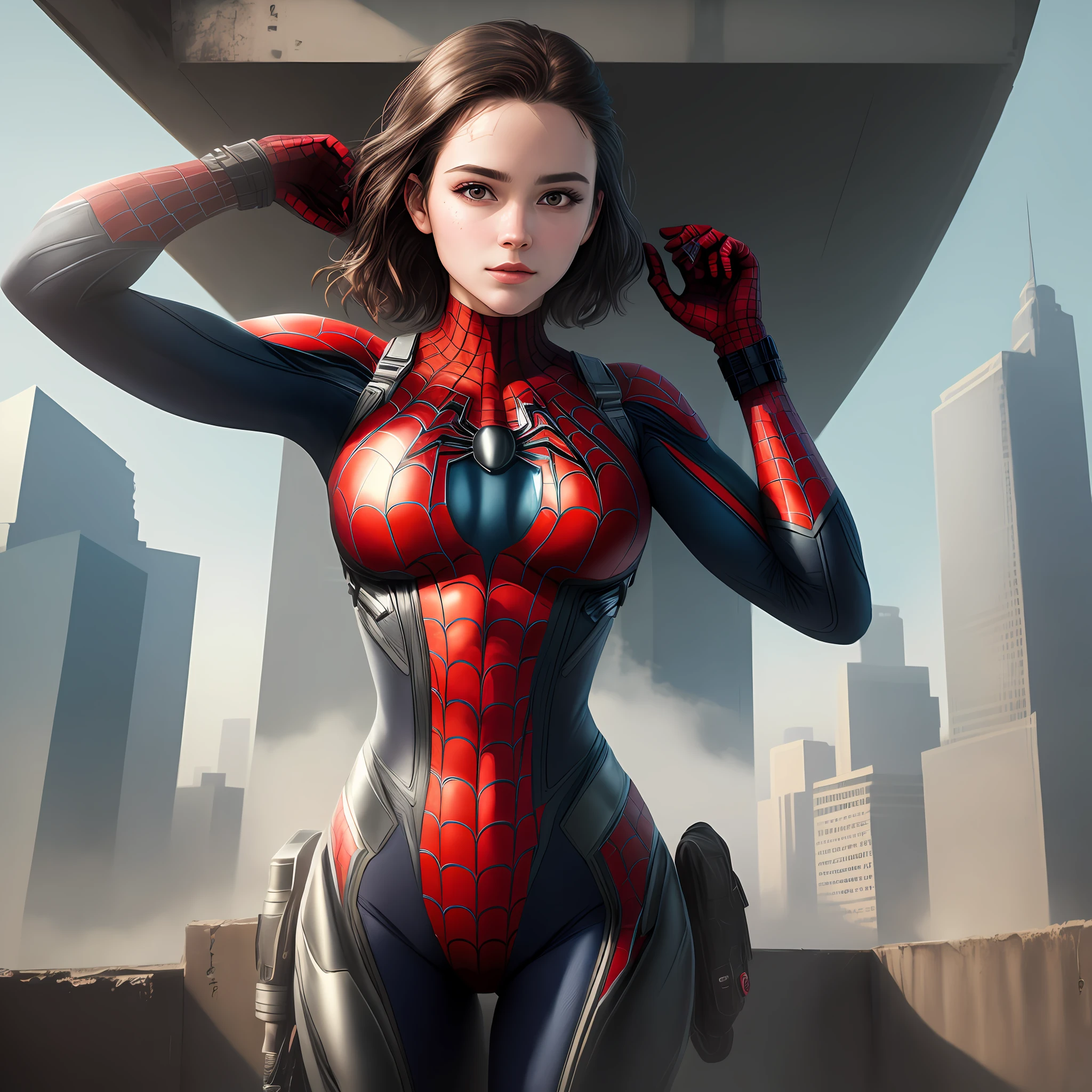 Beautiful Detail Eyes, Body parts__, Official Art, Unified 8k Wallpaper, Super Detailed, Beautiful and Beautiful, Beautiful, Masterpiece, Best Quality, Original, Masterpiece, Super Fine Photo, Best Quality, Ultra High Resolution, Realistic Realism, Sunlight, Full Body Portrait, Amazing Beauty, Dynamic Pose, Delicate Face, Vibrant Eyes, (from the front), She is wearing Spider-Man suit, red and black color scheme, spider, very detailed city roof background, rooftop, overlooking the city, detailed face, detailed complex busy background, messy, gorgeous, milky white, highly detailed skin, realistic skin details, visible pores, clear focus, volumetric fog, 8k uhd, DSLR, high quality, film grain, fair skin, photo realism, lomography, futuristic dystopian megalopolis, translucent