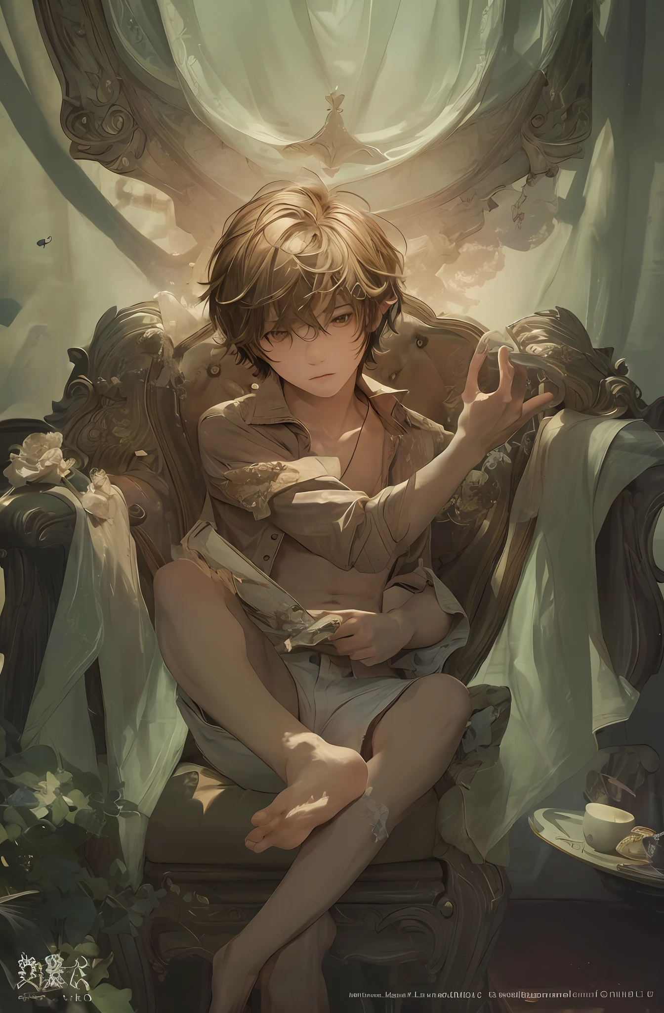 (masterpiece,best quality, detailed), 1boy, male focus, looking at viewer, full body, indoors, sitting, knees up, armchair,
l lawliet, white shirt, jeans, barefoot, finger to mouth