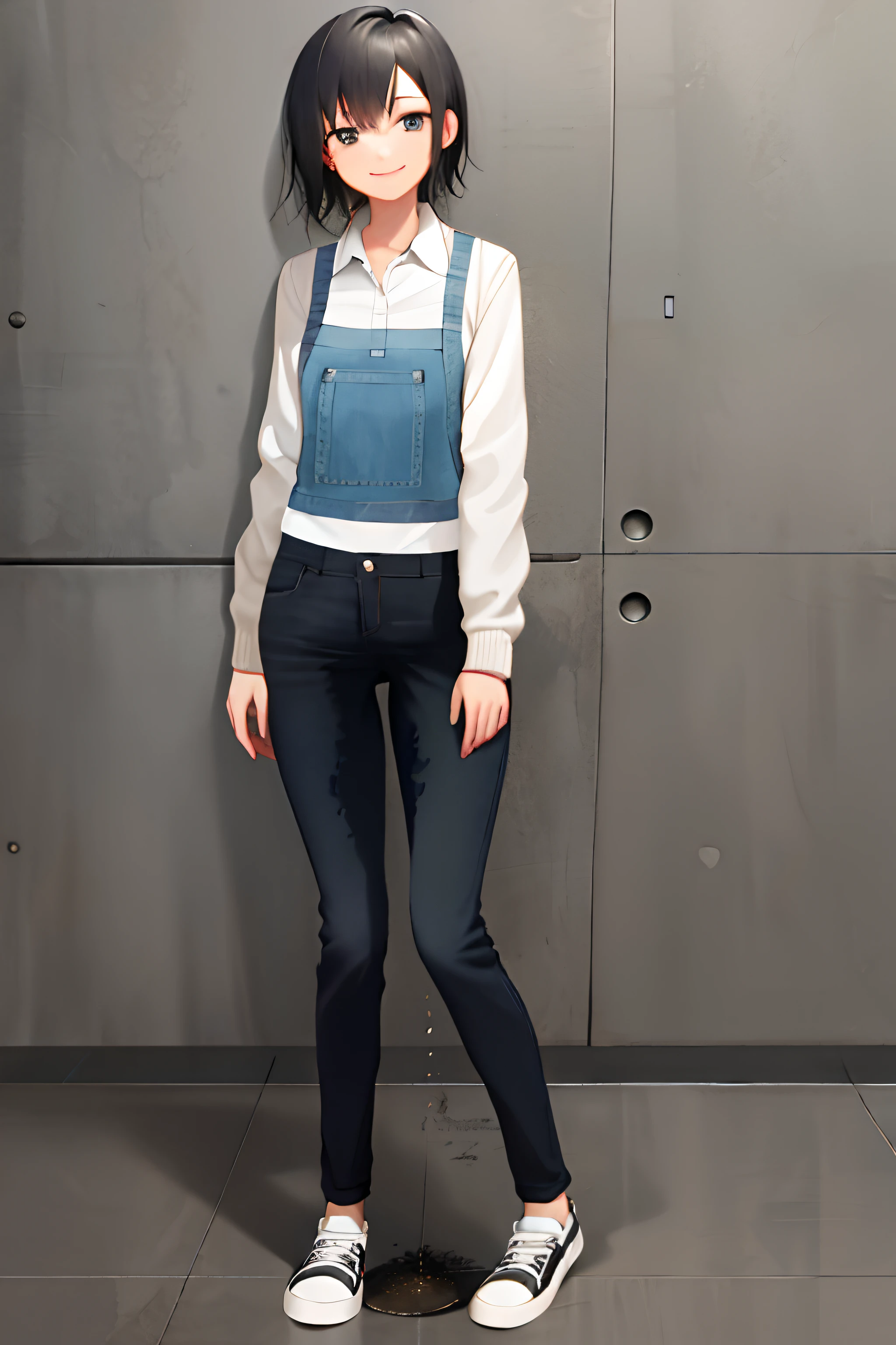 female student， with short black hair， skinny pants， （（（pee stain）））， ssmile， （standing on your feet）