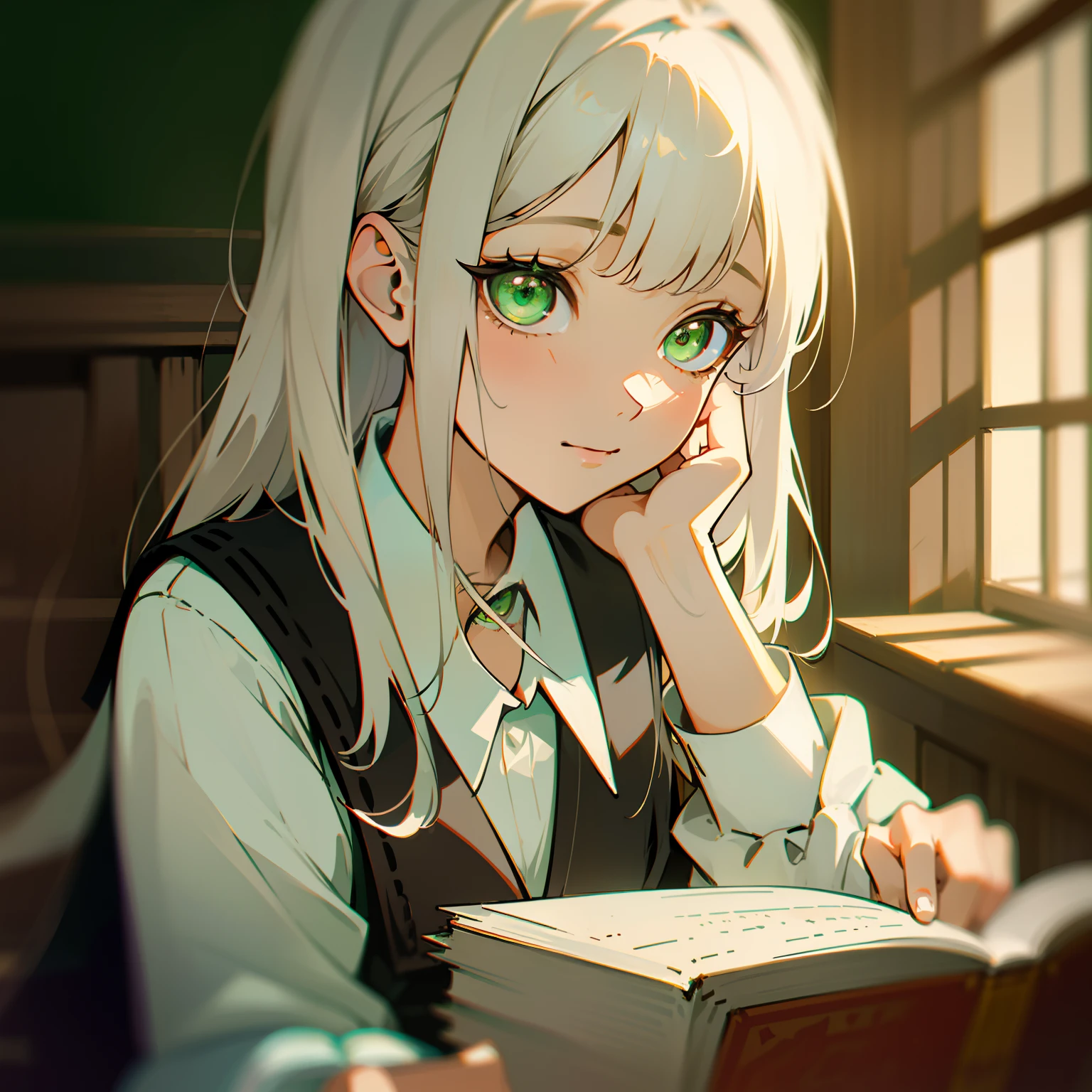 mksks style, (very detailed background:1.0), (highly detailed background:1.0), 1girl, reading a books, school dress, white hair, green eyes, masterpiece, best quality, (1girl, solo, girl:1.2), park, chromatic aberration, depth of field, soft lighting