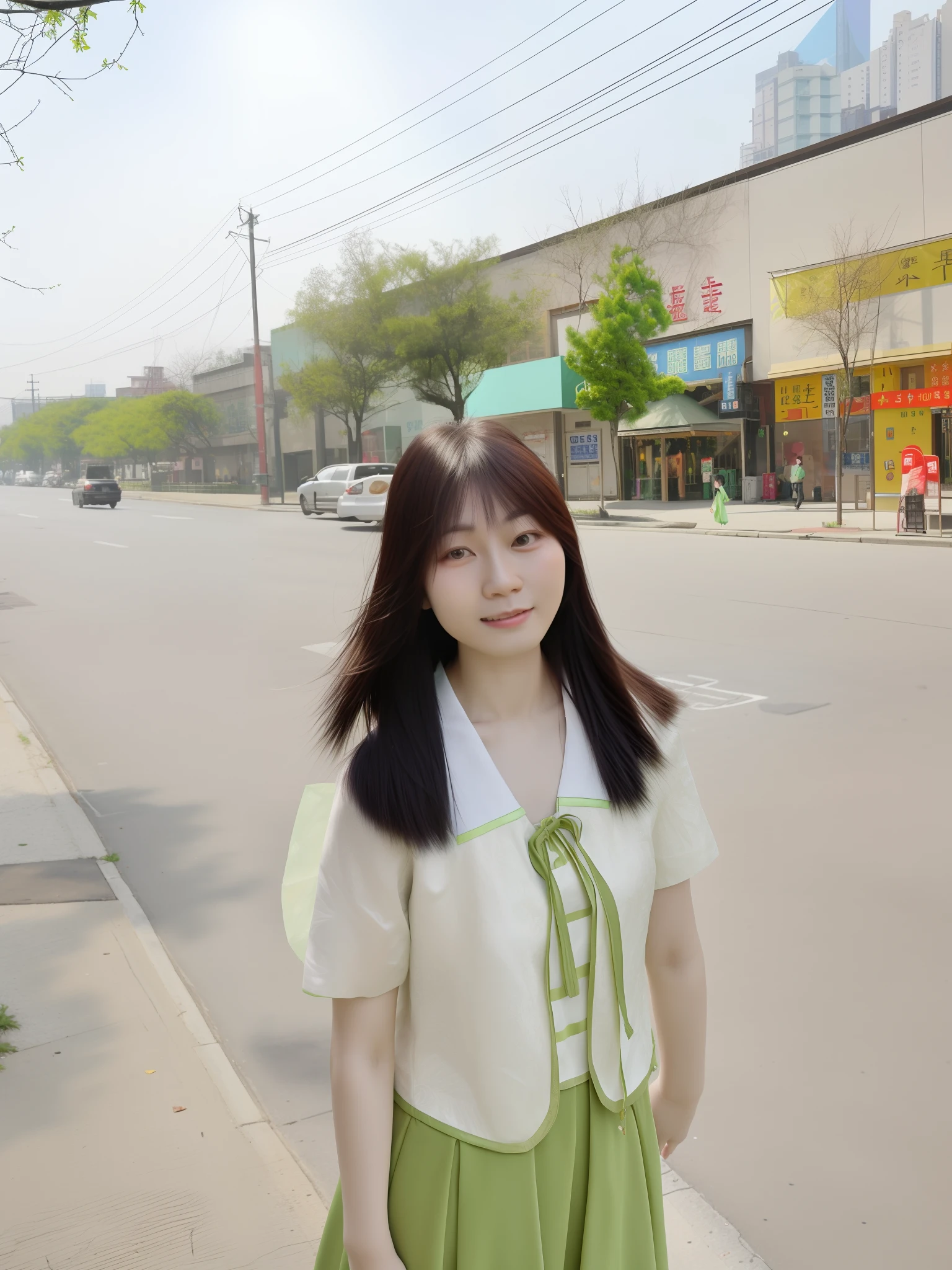 On the street stood a woman in a green dress, xintong chen, Li Zixin, wenfei ye, 8K)), xision wu, wideangle portrait, zeng fanzh, Zhang Pengzhen, zmonzheng, chengyou liu, very very low quality picture, xiaofan zhang, xue han, A young Asian woman