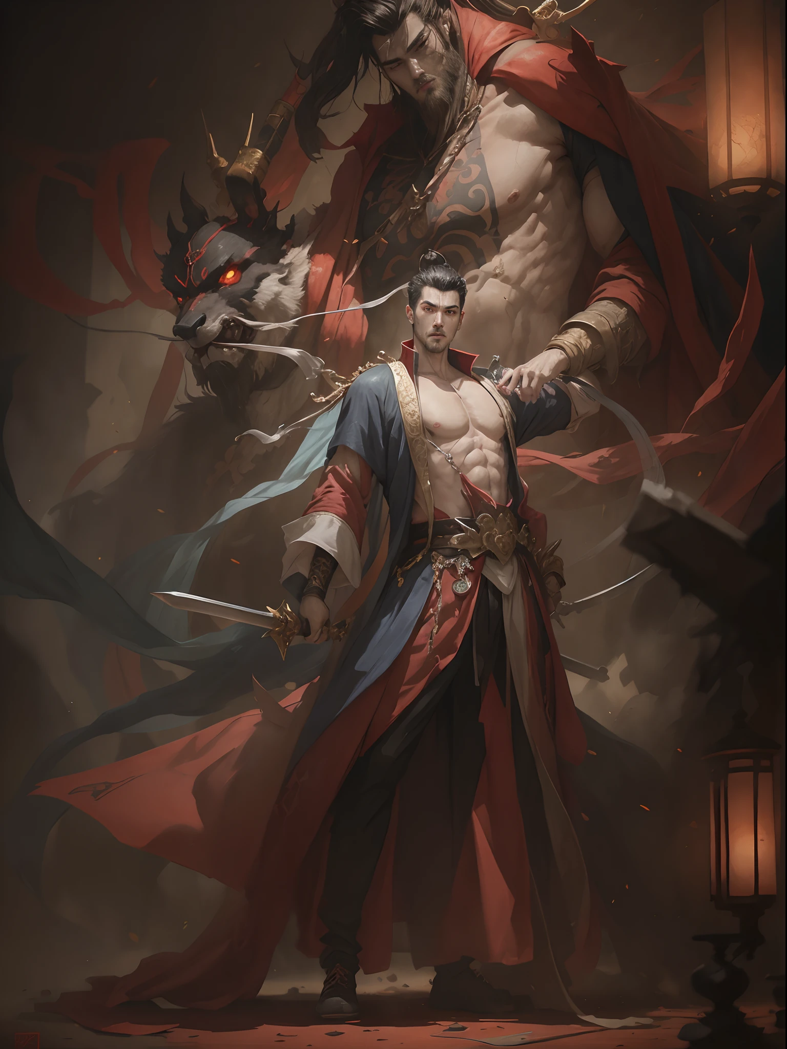 A man,Wu Yifan,shoun,Sword in hand,drak,Exposing the pectoral muscles,mythical character,Moire,floated hair