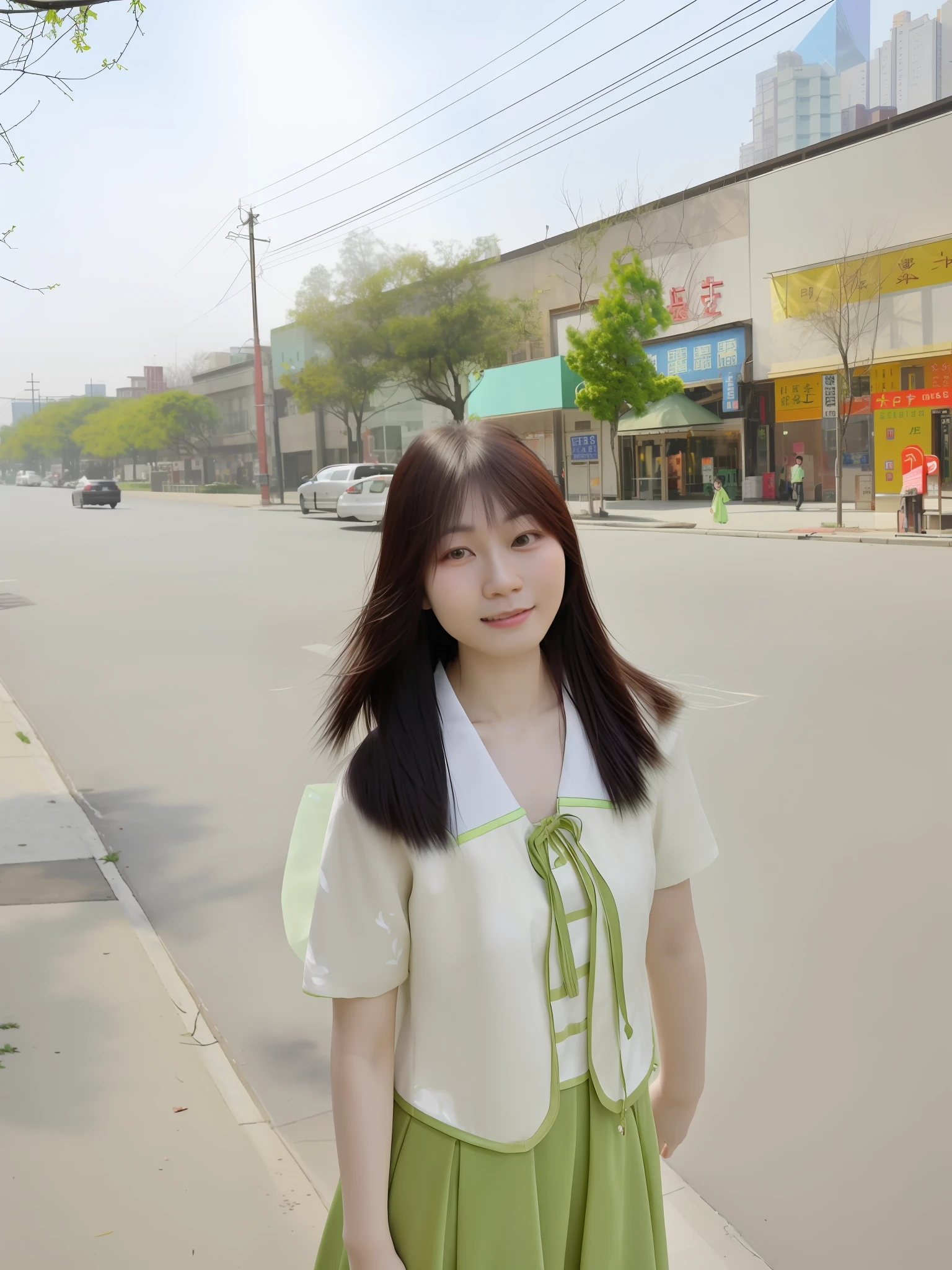 On the street stood a woman in a green dress, xintong chen, Li Zixin, wenfei ye, 8K)), xision wu, wideangle portrait, zeng fanzh, Zhang Pengzhen, zmonzheng, chengyou liu, very very low quality picture, xiaofan zhang, xue han, A young Asian woman