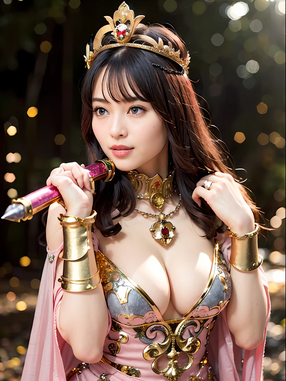(masutepiece), Professional , masterpiece、top-quality、photos realistic , depth of fields (Gemstone Silver Metal Body:1.9),(Matte Pink、Particles of light、Jewel Gold Weapon(Jewel Metal Body:1.4),Gorgeous metal weapons , Detailed Sword of the Brave , Beautiful knife ,warhammer 40k , adepta sororitas,Detail and ornate jewel crown、Black hair、Gangle's forest background、Beautiful Caucasian beauty、1a person、dynamic ungle,(((Detailed and ornate diamond crown)))、Smaller head、A smile、Take a sexy pose、Background inside the castle、Thin and beautiful female hands、