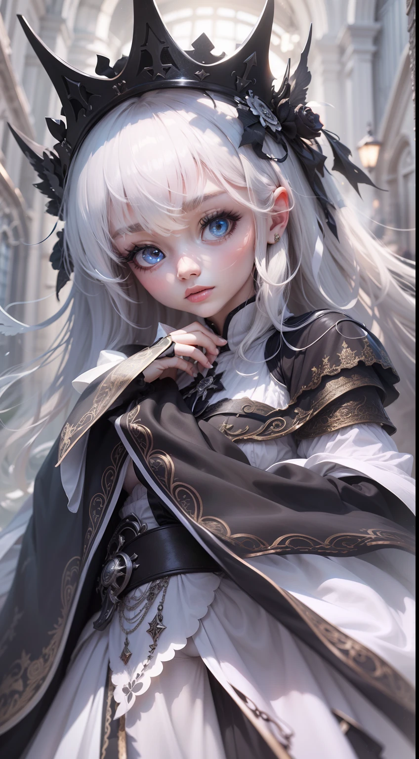 A dark angel, 8k, white and Black clothes, a light crown