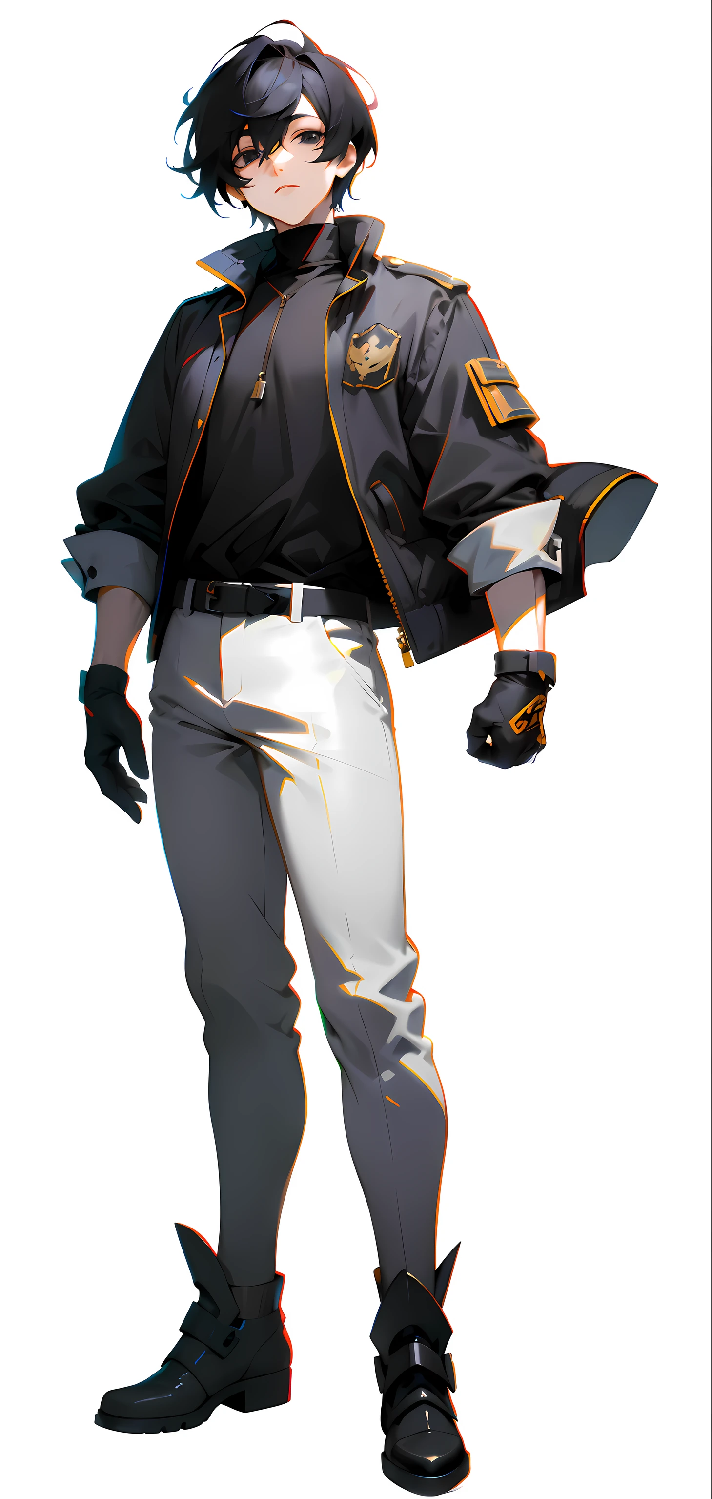 anime character with a black jacket and white pants, character from king of fighters, official character art, heavy gesture style closeup, persona art style, character artwork, striking detailed artstyle, trigger anime artstyle, character art closeup, male anime character, human male character art, detailed anime character art, ( ( character concept art ) ), full body details