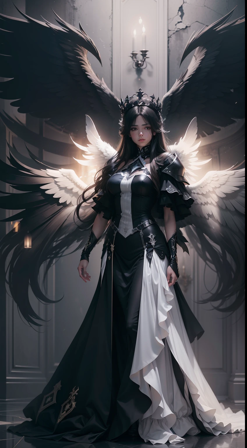 A dark angel, 8k, white and Black clothes, a light crown