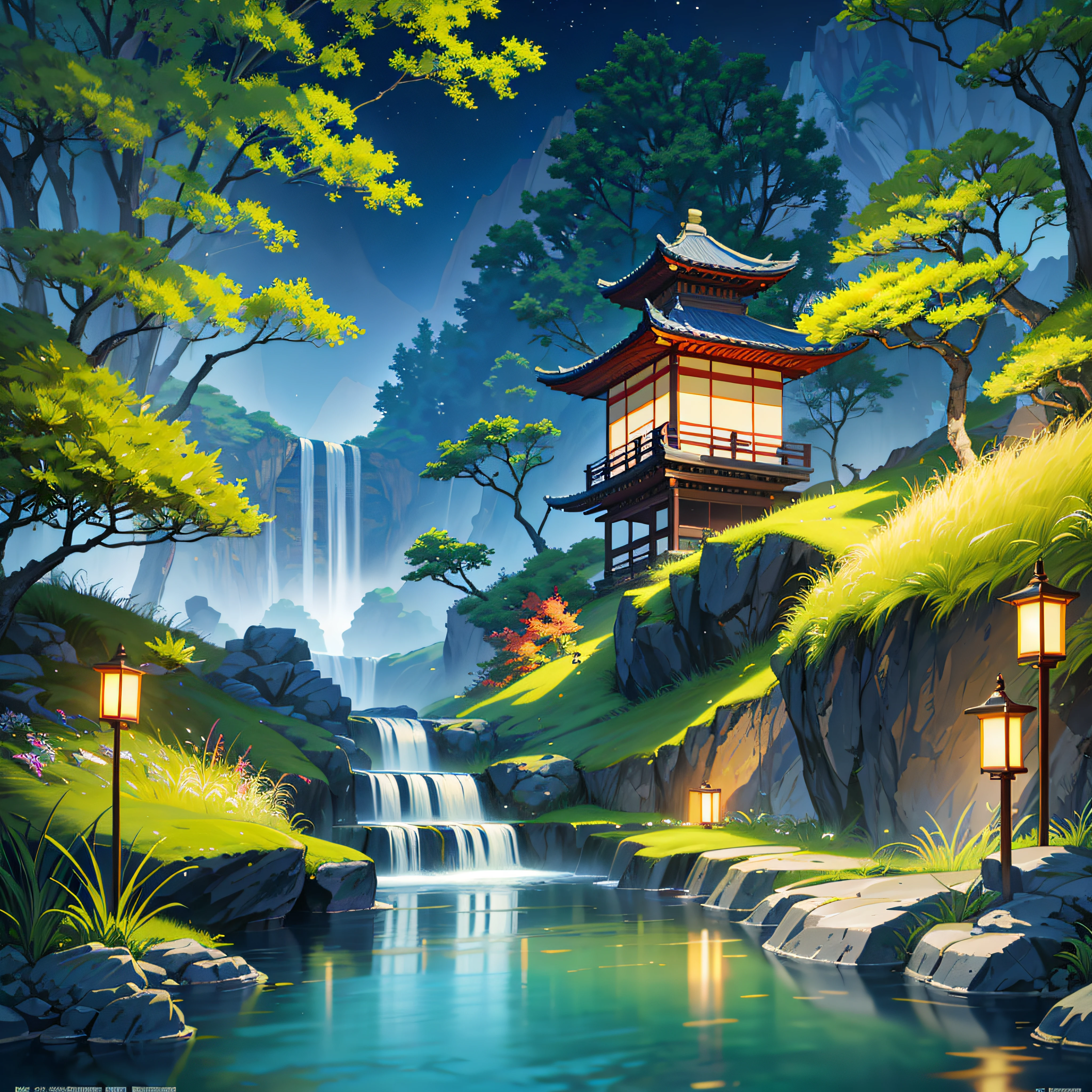 Ancient Chinese architecture, cool colors, dark night, moon, garden, bamboo, lake, stone bridge, rockery, arch, corner, tree, running water, landscape, outdoor, waterfall, grass, rock, dense fog, (Illustration: 1.0) , Epic Composition, HD Details, Masterpiece, Best Quality, (Very Detailed CG Unity 8k Wallpapers) --v 6