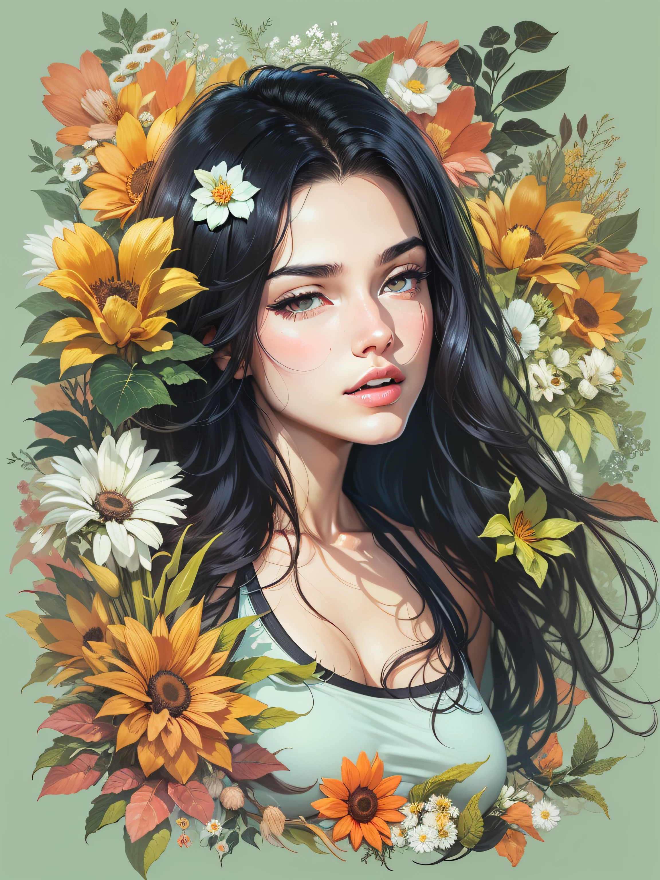 young woman, wearing short black bikini with long black hair, surrounded by various flowers, realistic style image, surrounded by vibraprint ready vector t-shirt design, white background, side view, sticker, clean white background, professional vector, high detail, T-shirt design, vibrant.