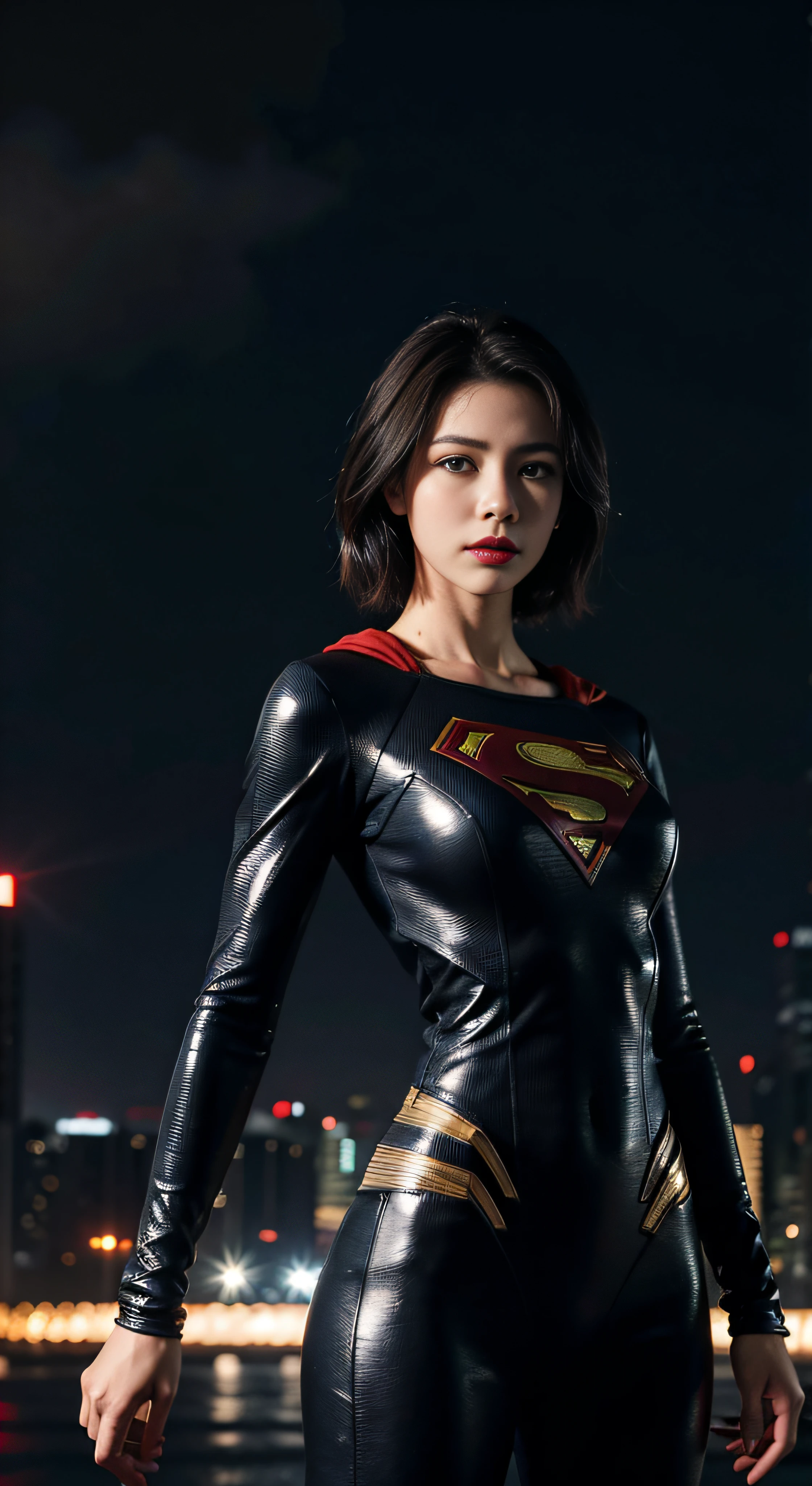 HUGE BREASTS best quality, master part, (fotorrealista:2), Ultra high resolution, altamente detalhado, ultra realistic, 1girl, Terno Supergirl, logotipo do superman, cabelos pretos, short hair, corpo magro, tiro completo, standing pose, de baixo, Olhando para o Viewer, Noite, cidade, chuva, cyberpunk vibes, cena escura, atmosfera escura, neon claro, nevoeiro, Nublado, lightnings, Antecedentes detalhados , IN TOTAL IMAGE REVERSION AT 2048 X 2048.