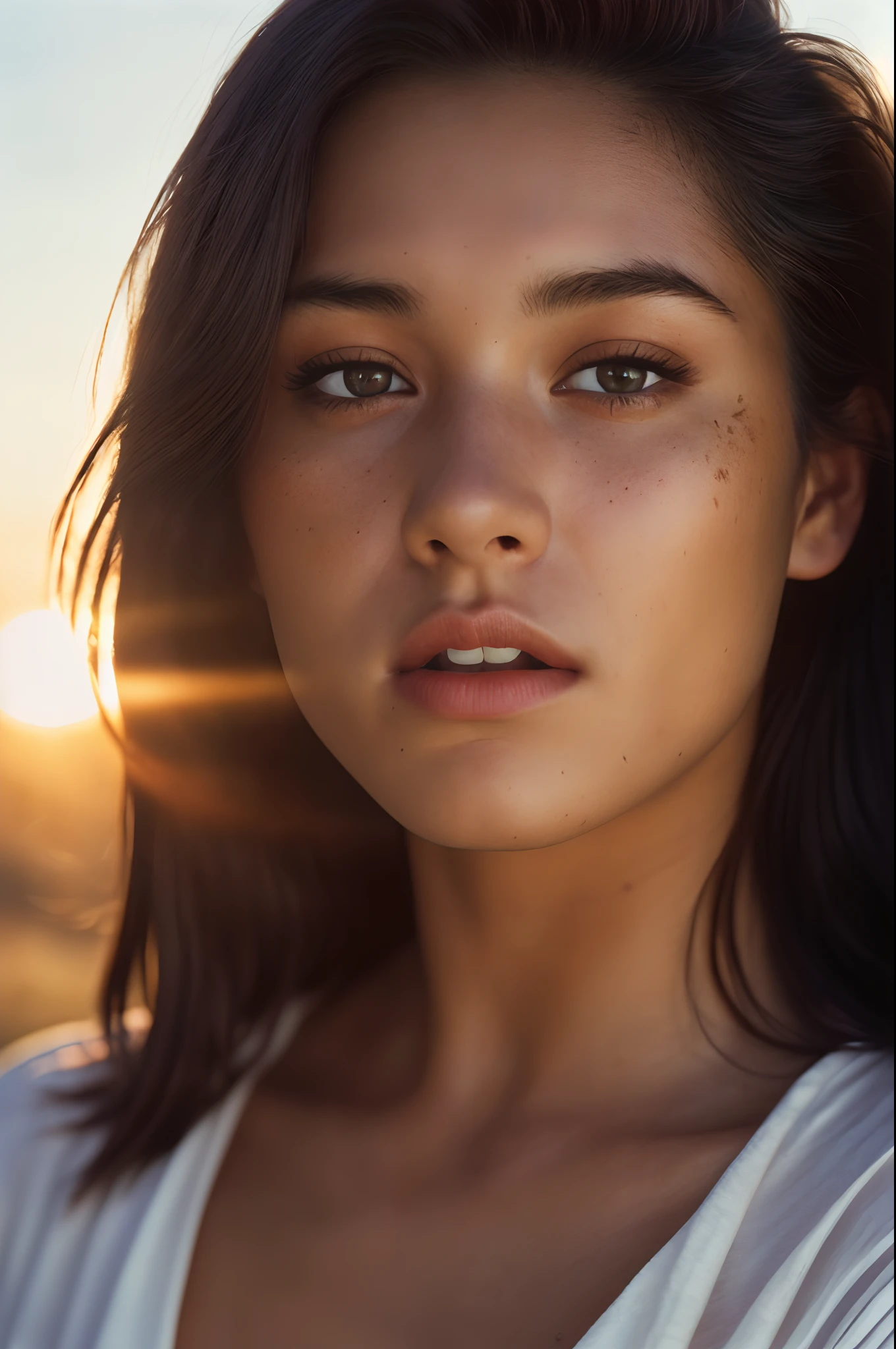 (close-up, editorial photograph of a 21 year old woman), face close up (highly detailed face:1.4) (smile:0.7) (background sun on face, subsurface scattering, moody, private study:1.3) POV, by lee jeffries, nikon d850, film stock photograph ,4 kodak portra 400 ,camera f1.6 lens ,rich colors ,hyper realistic ,lifelike texture, dramatic lighting , cinestill 800,