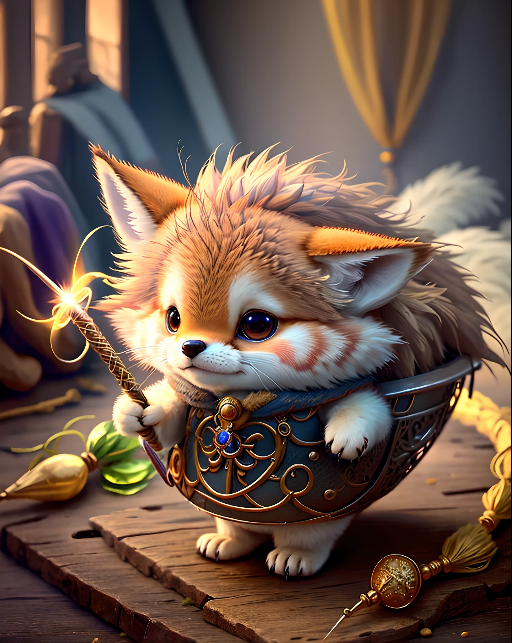Top image quality、"Create a masterpiece of cute creatures. (coyote), high detailing, in 8K、Top image quality、Dressed as a wizard from Dragon Quest、Holding a magic wand in your hand、Glowing magic circle in the background