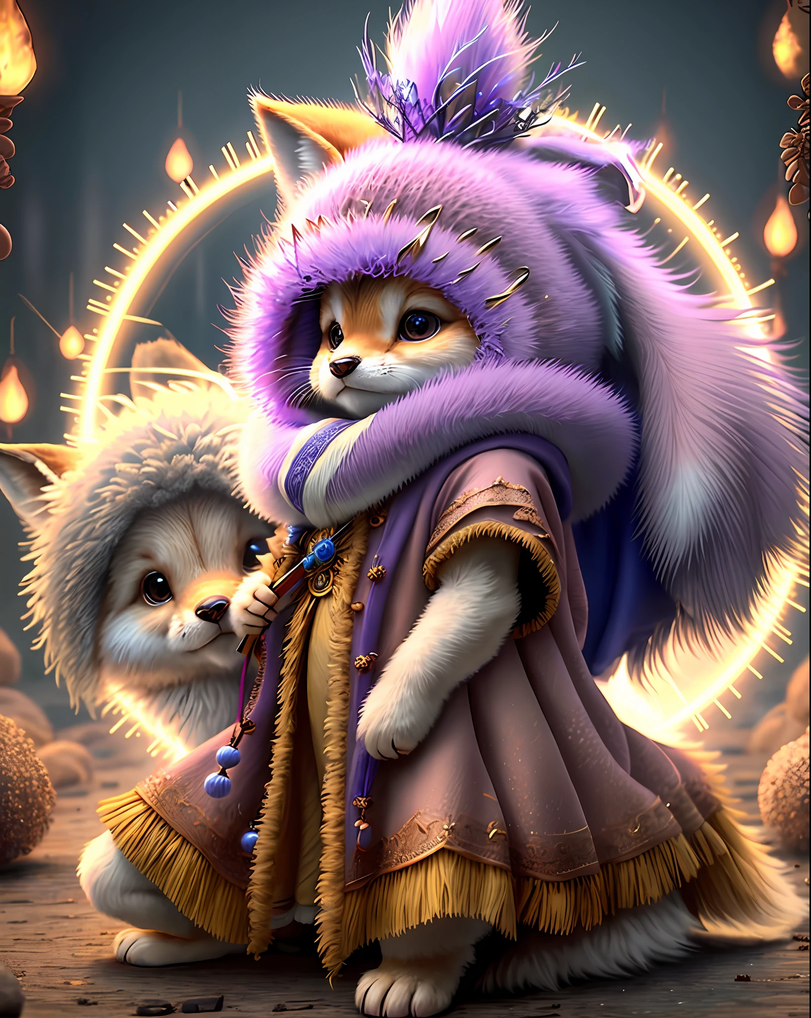 Top image quality、"Create a masterpiece of cute creatures. (coyote), high detailing, in 8K、Top image quality、Dressed as a wizard from Dragon Quest、Holding a magic wand in your hand、Glowing magic circle in the background