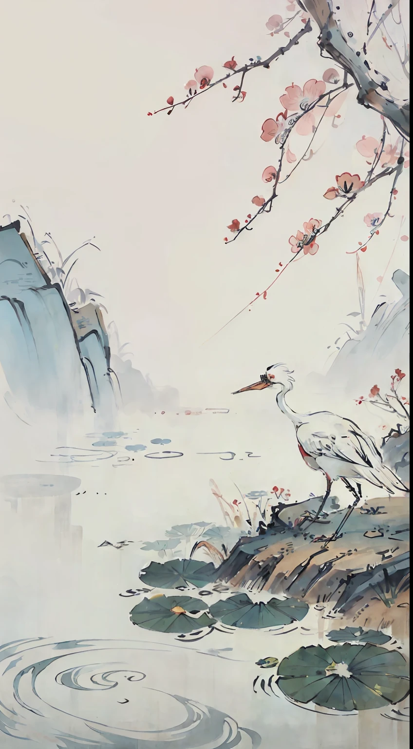 White crane painting in lotus pond, Chinese brush illustration, Chinese painting style, Chinese traditional painting, Chinese traditional ink painting, Chinese style painting, Chinese watercolor style, Chinese ink painting, beautiful artwork illustration, inspired by Xiao Yuncong, Chinese traditional art, Chinese painting, Zhongyuan Festival, inspired by Wang Yuanqi