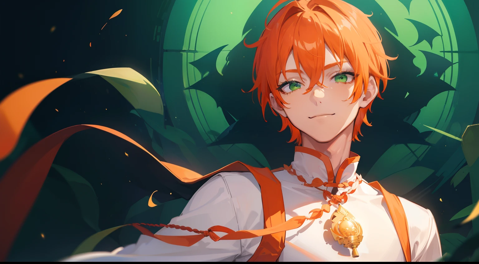 ((((One guy)))),Smile,(((Guy))), (((man))), (((Man's))),(((masutepiece))), (((Beautiful lighting))),(((muscular))),(((man))),),(((Green eyes))),(((Orange hair))), Male face,male eyebrows, Male Eyes, Eyelashes, Medium Hair,Beautiful face, v shaped_eyebrow,White skin,Transparent wings,Chinese_Clothes,(((Black clothes,)))garters_lanyard, See-through,The light of the Buddha shines, holy,