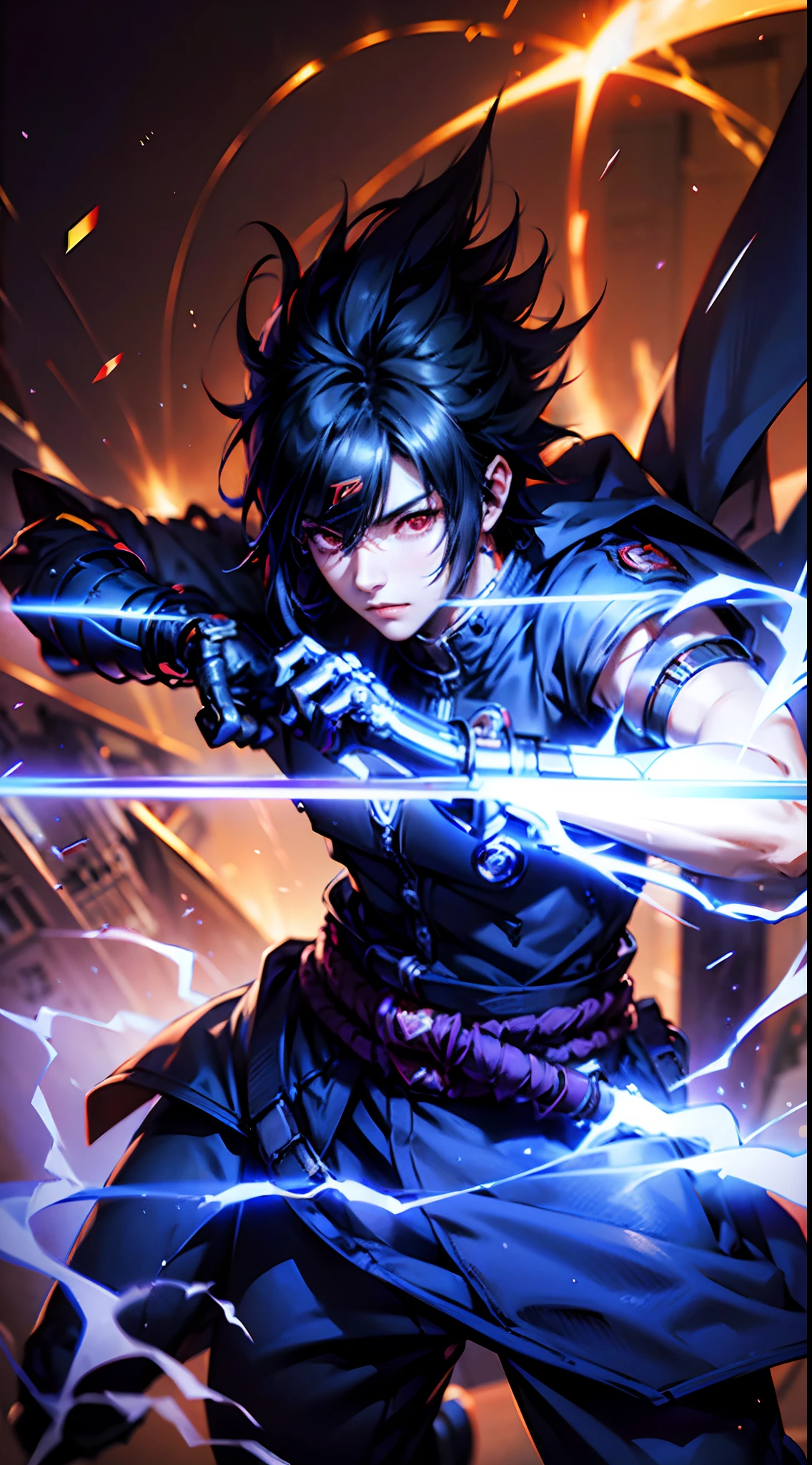 1boy，(((Solo)))，Male，Uchiha sasuke, A character in Japanese manga "Naruto" and its derivative works，（dynamicposes：1.5），holding knives，katana swords，Thunder and lightning surround，realistic lightning，salama，eletric，skills_Susano，Close-up，The character is close to the shot，Metal forehead protection，Shaw tidied up his uniform，Mechanical arms,Red eyes， Black hair，best qualtiy，rhythm，unreal 5 render，rendering by octane，3D，8K分辨率，