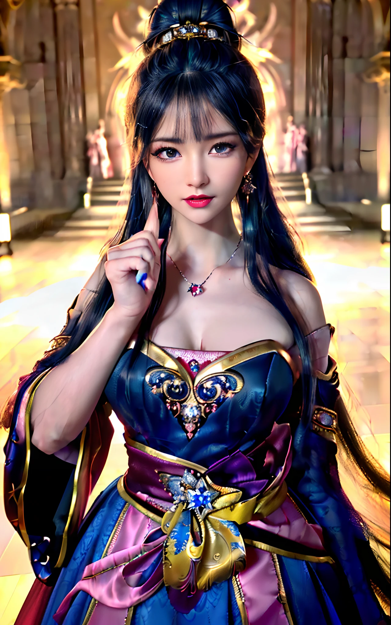 ((realisticity: 1.2)), ((realistic: 8K UHD)), ((best resolution: 8K UHD)), hyper detailed, best quality,masterpiece,highres,cg, ((1 girl hyper detailed and hyper realistic) ) , ((beautiful queen, hyper realistic and hyper detailed)),((white skin, beautiful, smooth, youthful, hyper realistic and hyper detailed )), ((Face hyper beautiful, white, hyper realistic and hyper detailed ) ), long hair, ((hyper realistic and hyper detailed dress)), solo, ((hyper realistic, hyper beautiful, beautiful and hyper detailed jewelry)), ((hyper beautiful deep red and golden yellow dress, hyper realistic and hyper detailed )) , ((Her pretty, hyper realistic, hyper detailed diamond filled earrings)), ((Her gorgeous diamond haircut, hyper realistic and hyper detailed)), ((hyper pretty upper body, hyper beautiful, hyper realistic and hyper detailed) ), ((medium breast: 1.5)), ((hyper realistic, hyper pretty, hyper detailed boobs)), ((the backgroun of the royal palace is hyper majestic, hyper realistic and hyper detailed)),((hands and palms hyper beautiful, hyper detailed, hyper realistic)), ((fingers: pinky finger, index finger, ring finger, middle finger, and thumb hyper realistic, hyper detailed, hyper beautiful)), ((hyper pretty, hyper pretty, hyper realistic and hyper detailed hair bun)), ((hyper pretty , hyper realistic and hyper detailed blue hair)), candid, Photo, high resolution, 8k , bokeh,