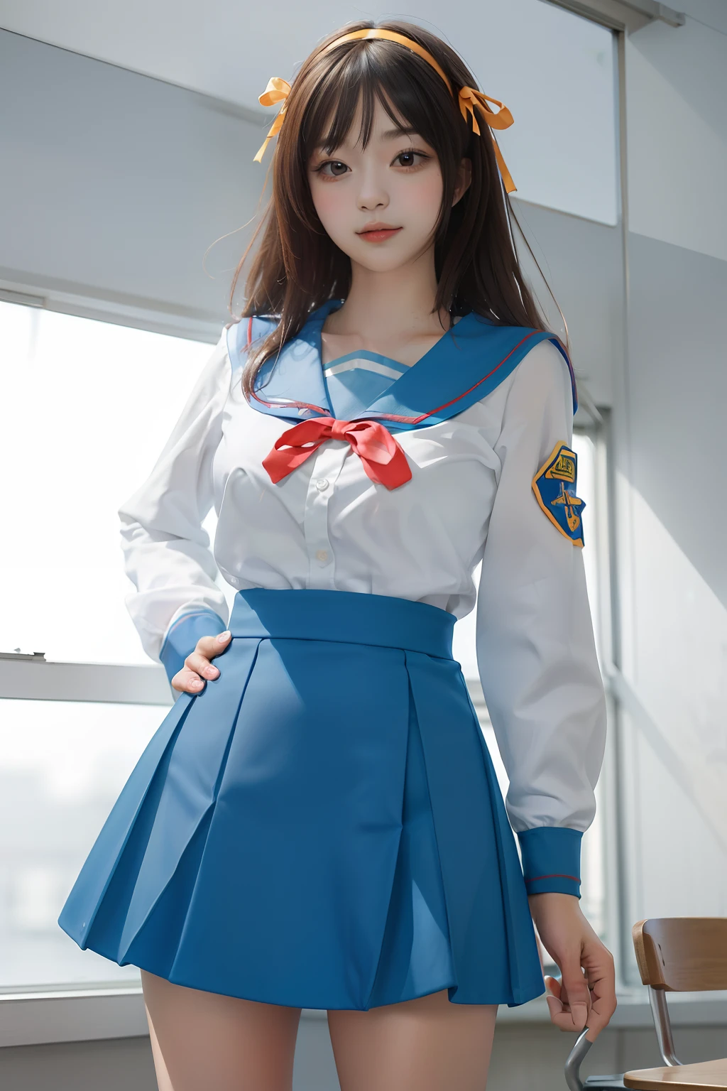 (masterpiece, top quality, best quality, beautiful and aesthetic), 1girl, solo,  extremely detailed, highest detailed,8k photo, realistic, haruhi_srf, white long sleeves shirt and blue collar, micro mini skirt,blue skirt, red tie, yellow ribbon, cute girl, spread legs, show white panties,
looking at viewer, standing,    little smile, huge breast,   from below,class room,