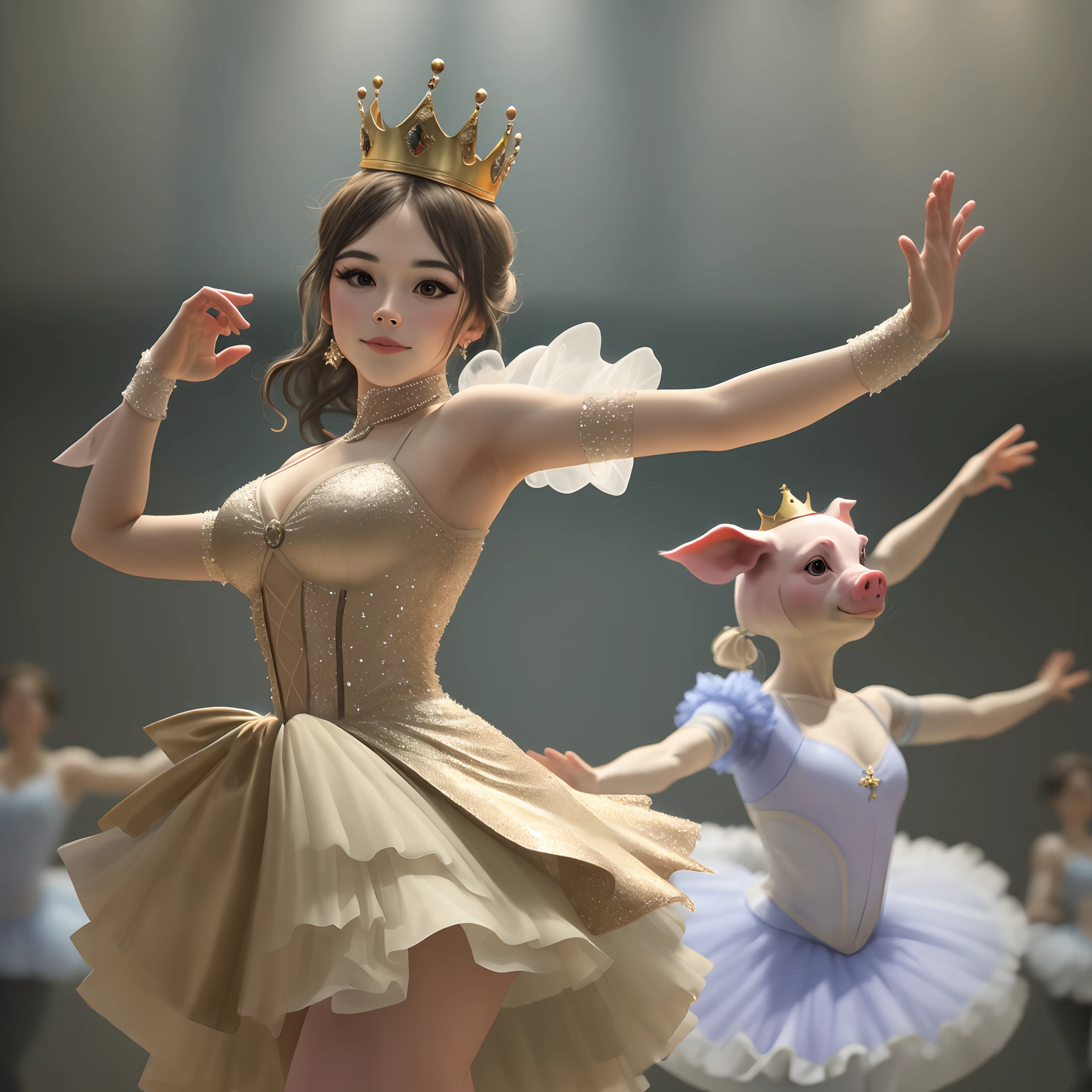 A pig wearing a crown dances ballet