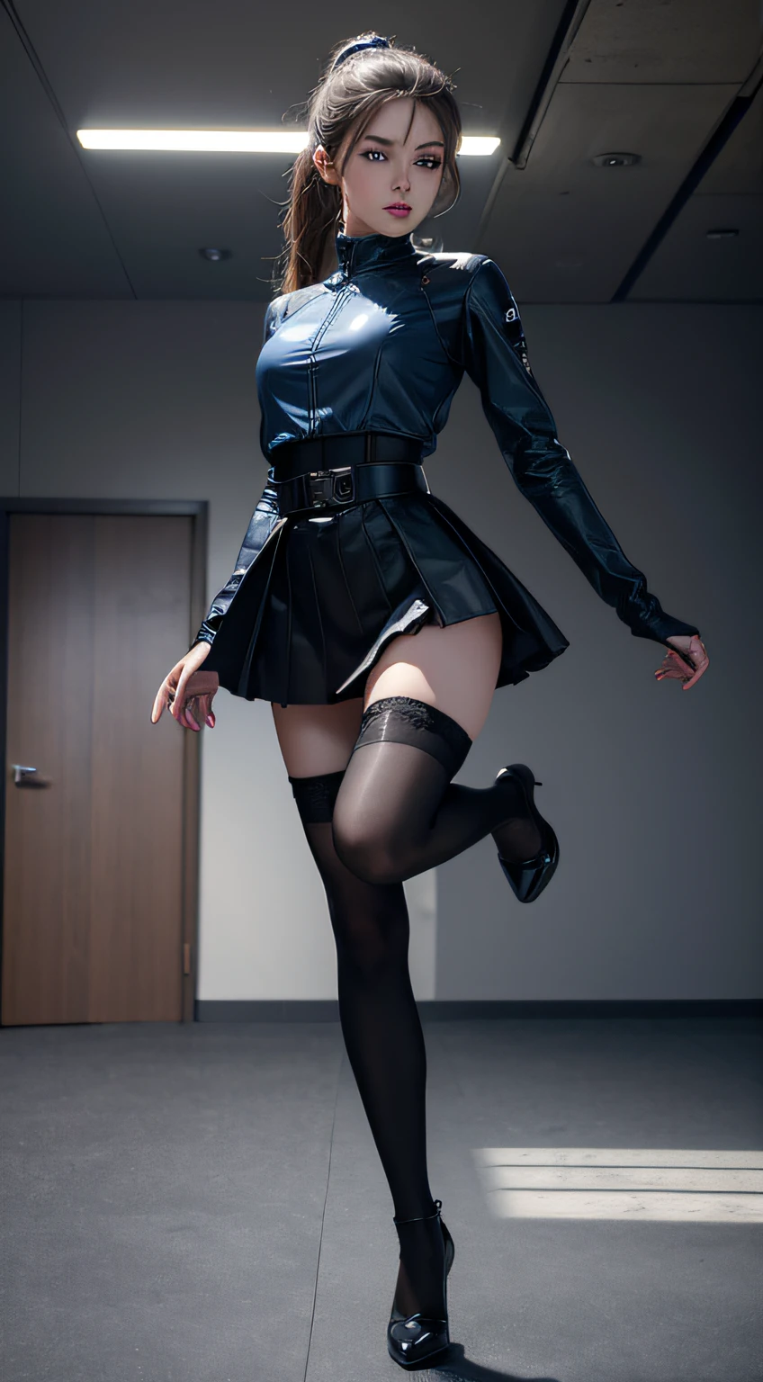 Full body capture,Dynamic lens,(8K, RAW photo, Best quality, Mastery:1.2), (Realistic, photo-realistic:1.37),1 girl,Cute,Blue eyes, (Solo),full-body portraits,Detailed ponytail,Dramatic angles,office room,looking at viewert,angle of view ,cyber punk perssonage,Short black lace skirt,tiny feet,
