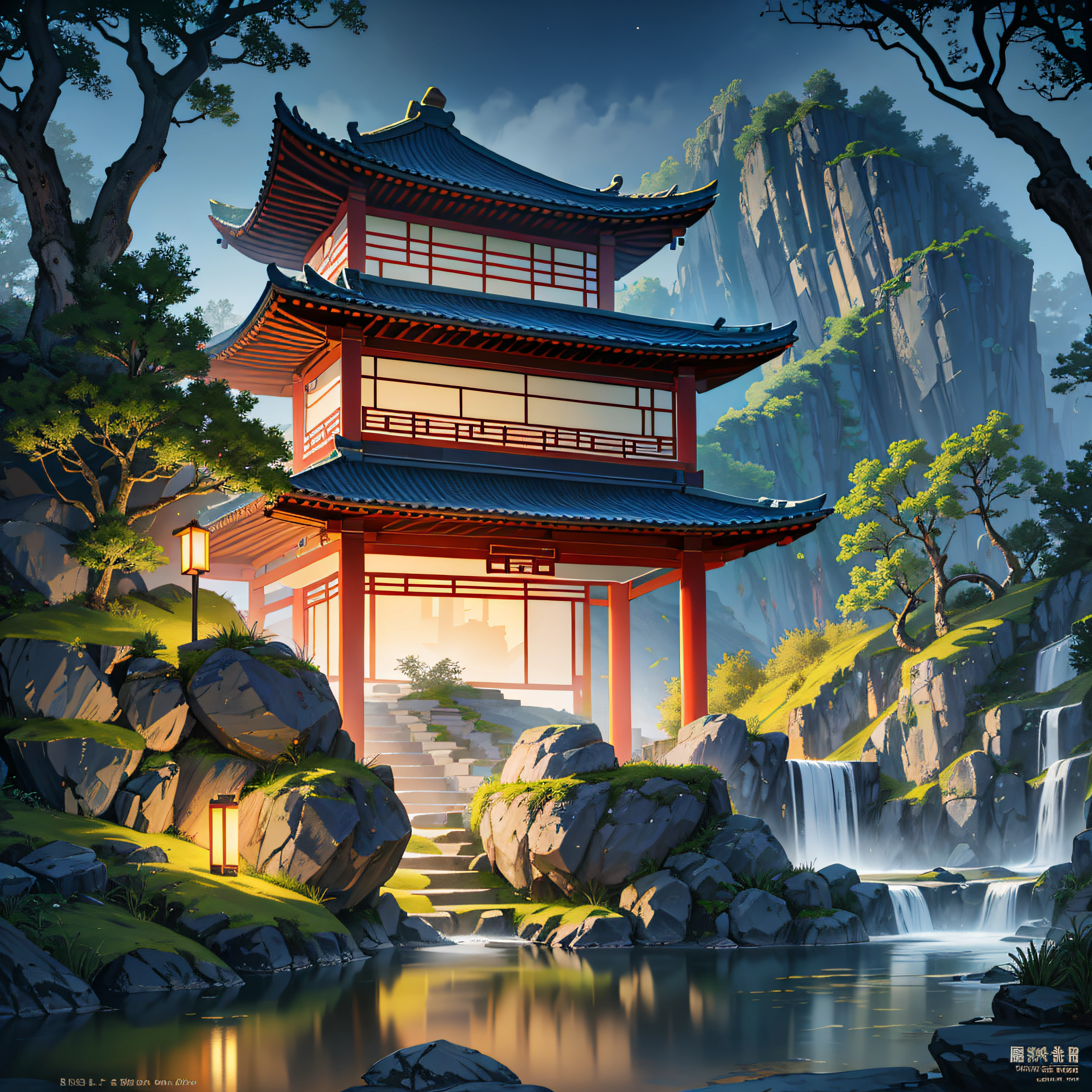 Ancient Chinese architecture, cool colors, dark night, moon, garden, bamboo, lake, stone bridge, rockery, arch, corner, tree, running water, landscape, outdoor, waterfall, grass, rock, dense fog, (Illustration: 1.0) , Epic Composition, HD Details, Masterpiece, Best Quality, (Very Detailed CG Unity 8k Wallpapers) --v 6