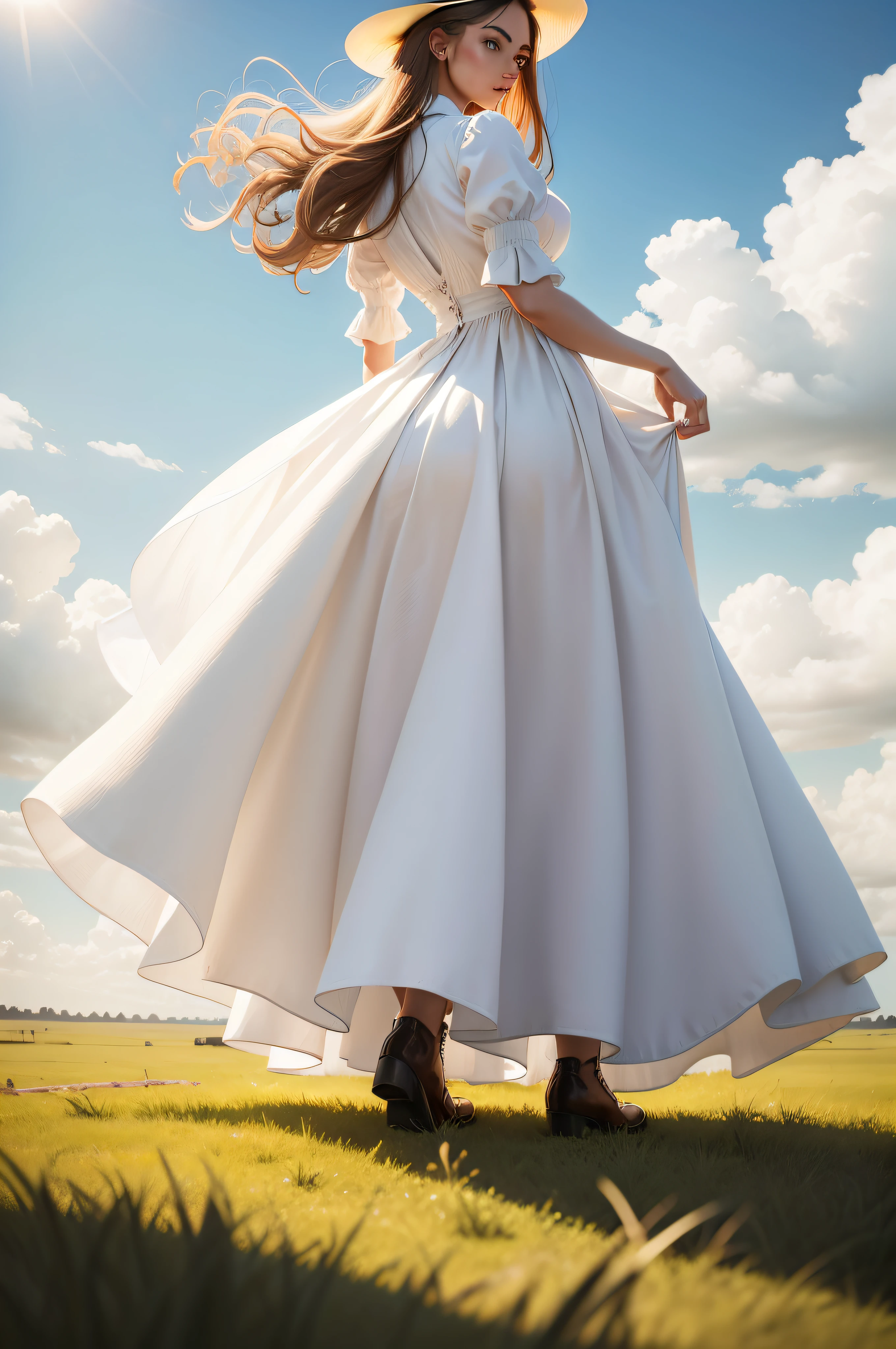 Beautiful woman in long white dress on the prairie