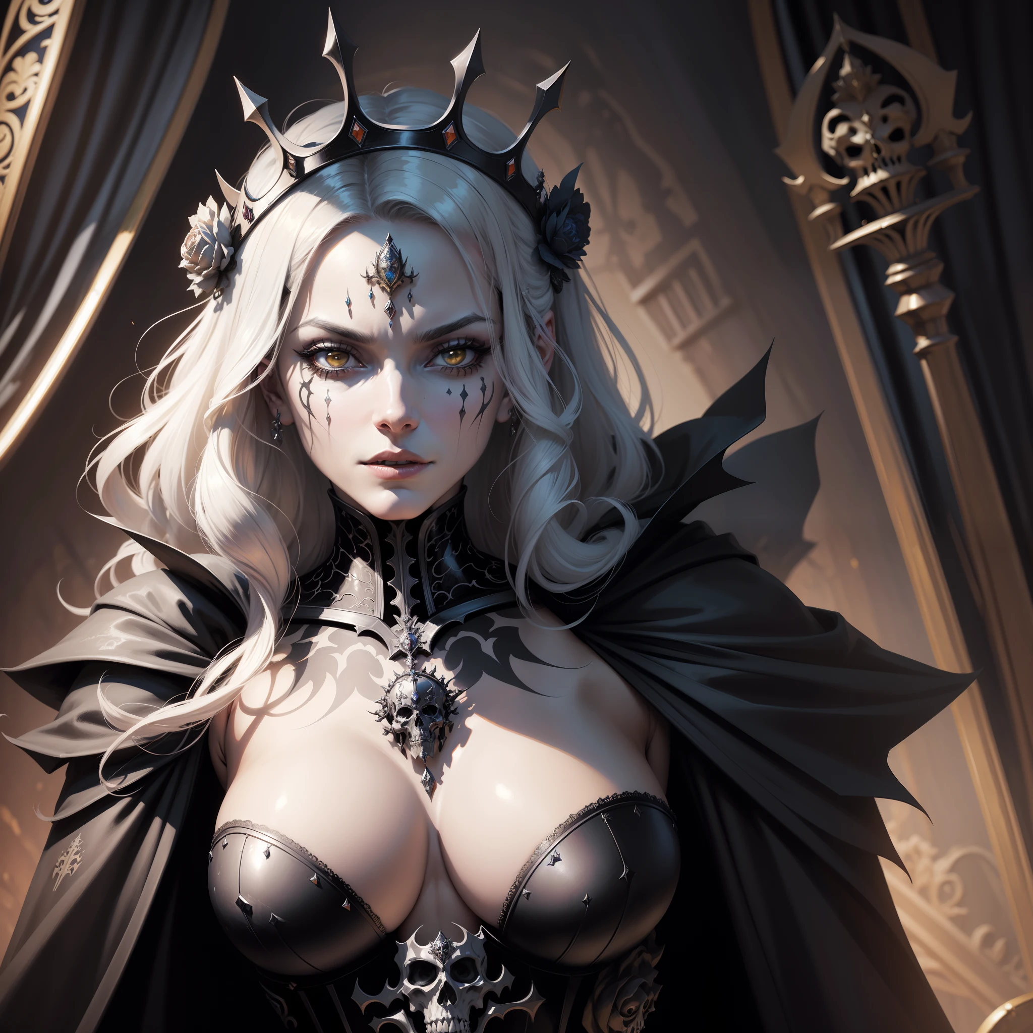 a painting of a woman with a crown on her head, saint skeleton queen, queen of death, queen of the dead, goddess of death, scary queen of death, portrait of a cyborg queen, art in color, full color painting, by J Frias (fine detail) (Masterpiece)