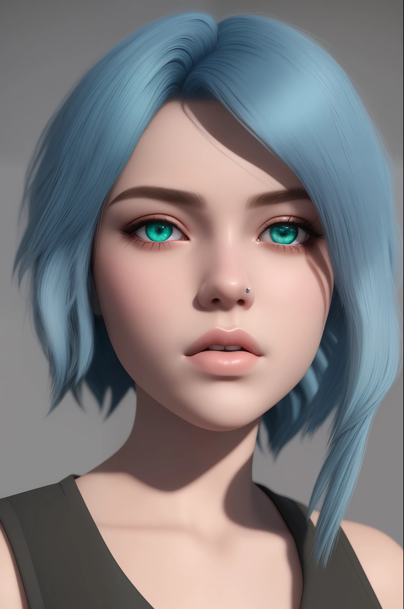 solo, 1girl, detailed, highres, 8k, detailed blue hair, j0rd7nj0n3s, detailed skin, masterpiece, blue hair, realistic, wears a green military dress,