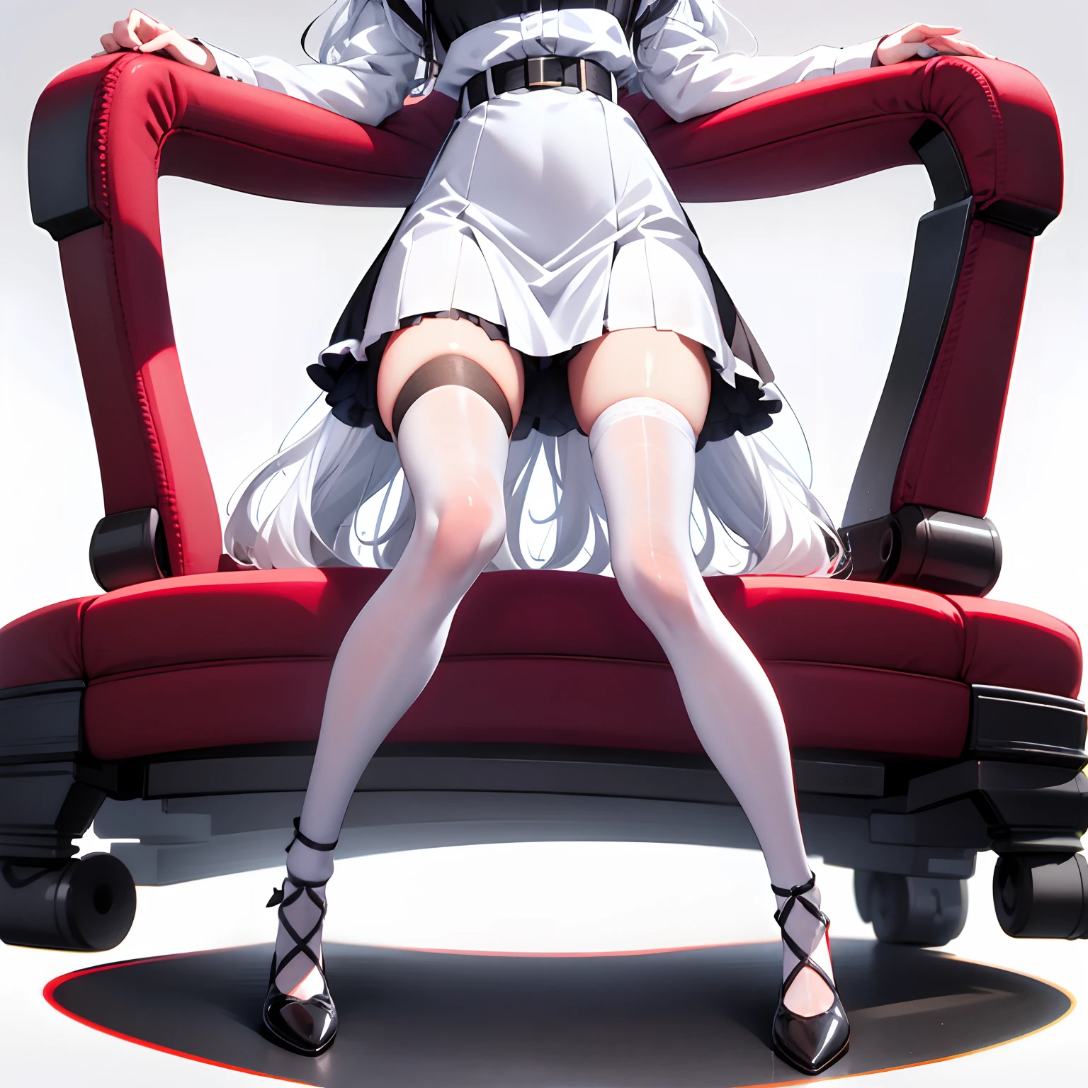 [(White background:1.5)::5], (Bottle bottom:0.9), 1 girl, Medium Shot Shot, full bodyesbian,White hair,Black dress,Red bow,Black shoes,bule eye,Long legs,right leg on,white legwear,