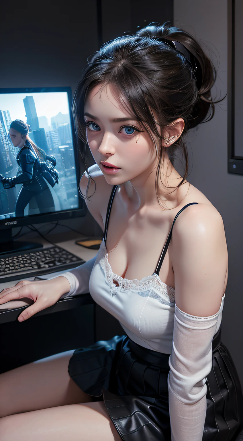 (8K, RAW photo, Best quality, Mastery:1.2), (Realistic, photo-realistic:1.37),1 girl,Cute,Blue eyes, (Solo),full-body portraits，Detailed ponytail，Dramatic angles，office room，looking at viewert，angle of view ,cyber punk perssonage,Short black lace skirt，tiny feet，