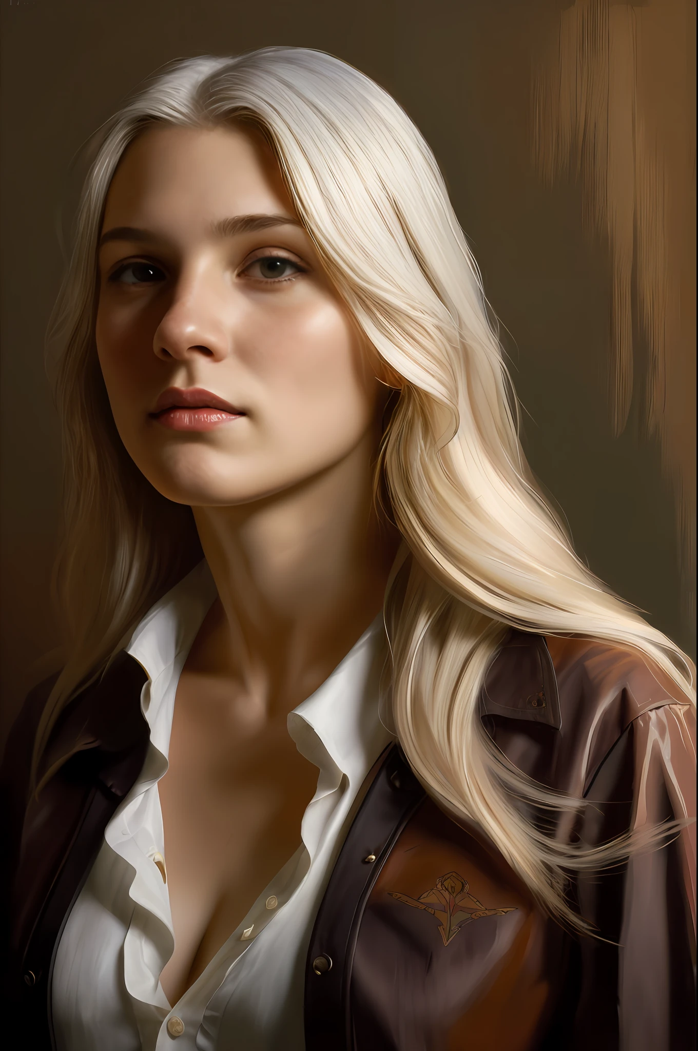 Hyperrealist portrait of female by david hockney and alphonse mucha,fantasy art, photo realistic, dynamic lighting, artstation, poster, volumetric lighting, very detailed faces, 4 k, award winning,, 1girl, in the dark, deep shadow, low key,cowboy shot,(official clothing:1.4) ,long hair,white hair,