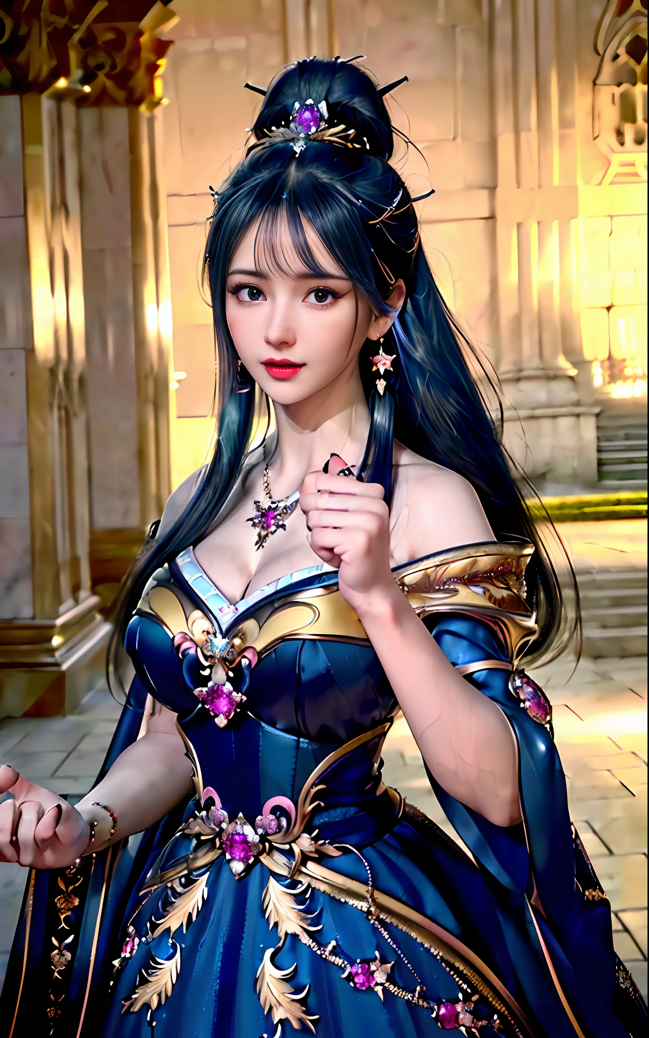 ((realisticity: 1.2)), ((realistic: 8K UHD)), ((best resolution: 8K UHD)), hyper detailed, best quality,masterpiece,highres,cg, ((1 girl hyper detailed and hyper realistic) ) , ((beautiful queen, hyper realistic and hyper detailed)),((white skin, beautiful, smooth, youthful, hyper realistic and hyper detailed )), ((Face hyper beautiful, white, hyper realistic and hyper detailed ) ), long hair, ((hyper realistic and hyper detailed dress)), solo, ((hyper realistic, hyper beautiful, beautiful and hyper detailed jewelry)), ((hyper beautiful deep red and golden yellow dress, hyper realistic and hyper detailed )) , ((Her pretty, hyper realistic, hyper detailed diamond filled earrings)), ((Her gorgeous diamond haircut, hyper realistic and hyper detailed)), ((hyper pretty upper body, hyper beautiful, hyper realistic and hyper detailed) ), ((medium breast: 1.5)), ((hyper realistic, hyper pretty, hyper detailed boobs)),   ((the backgroun of the royal palace is hyper majestic, hyper realistic and hyper detailed)),((hands and palms hyper beautiful, hyper detailed, hyper realistic)), ((fingers: pinky finger, index finger, ring finger, middle finger, and thumb hyper realistic, hyper detailed, hyper beautiful)), ((hyper pretty, hyper pretty, hyper realistic and hyper detailed hair bun)), ((hyper pretty , hyper realistic and hyper detailed blue hair)), candid, Photo, high resolution, 8k , bokeh,