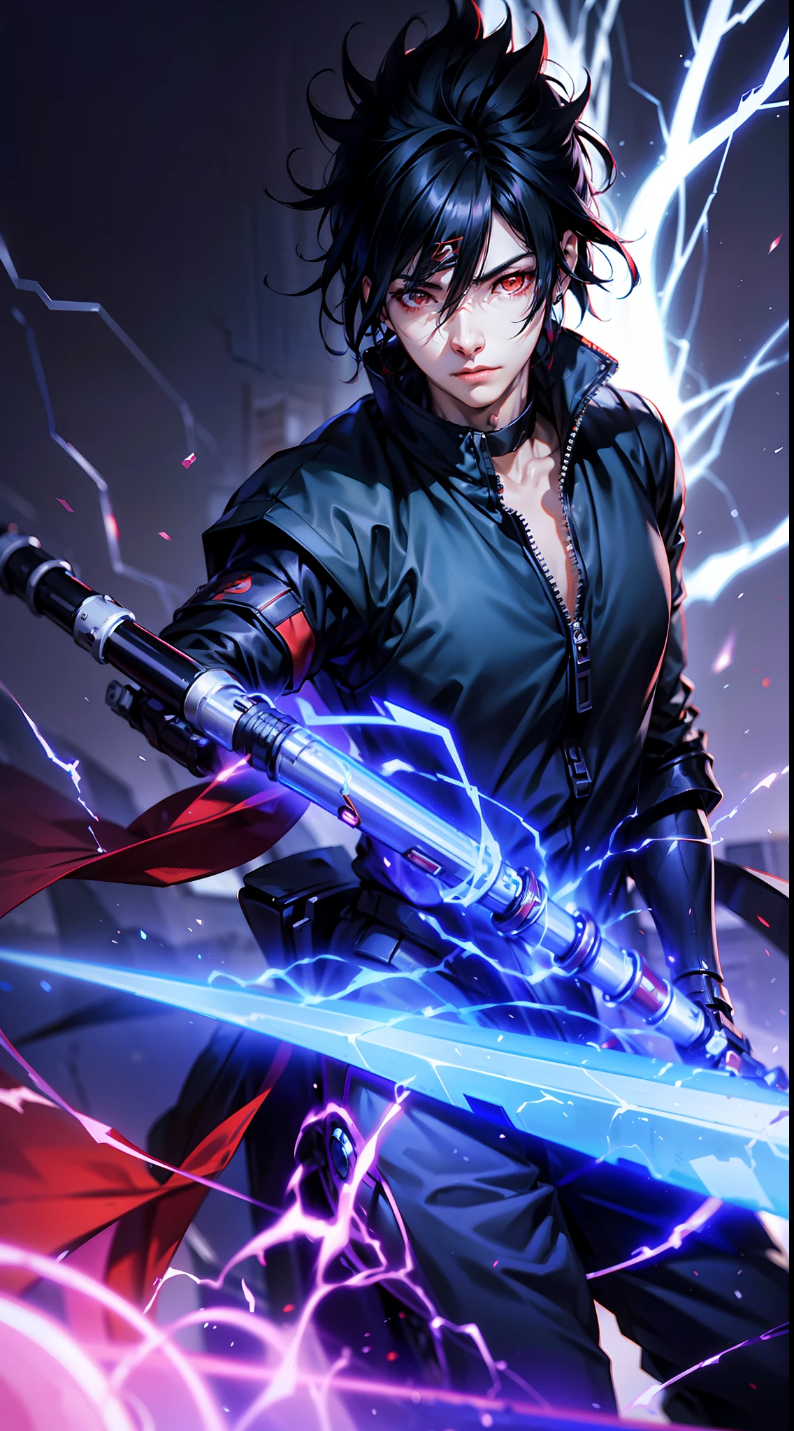 1boy，(((Solo)))，Male，Uchiha sasuke, A character in Japanese manga "Naruto" and its derivative works，（dynamicposes：1.5），holding knives，katana swords，Thunder and lightning surround，realistic lightning，salama，eletric，skills_Susano，Close-up，The character is close to the shot，Metal forehead protection，Shaw tidied up his uniform，Mechanical arms,Red eyes， Black hair，best qualtiy，rhythm，unreal 5 render，rendering by octane，3D，8K分辨率，