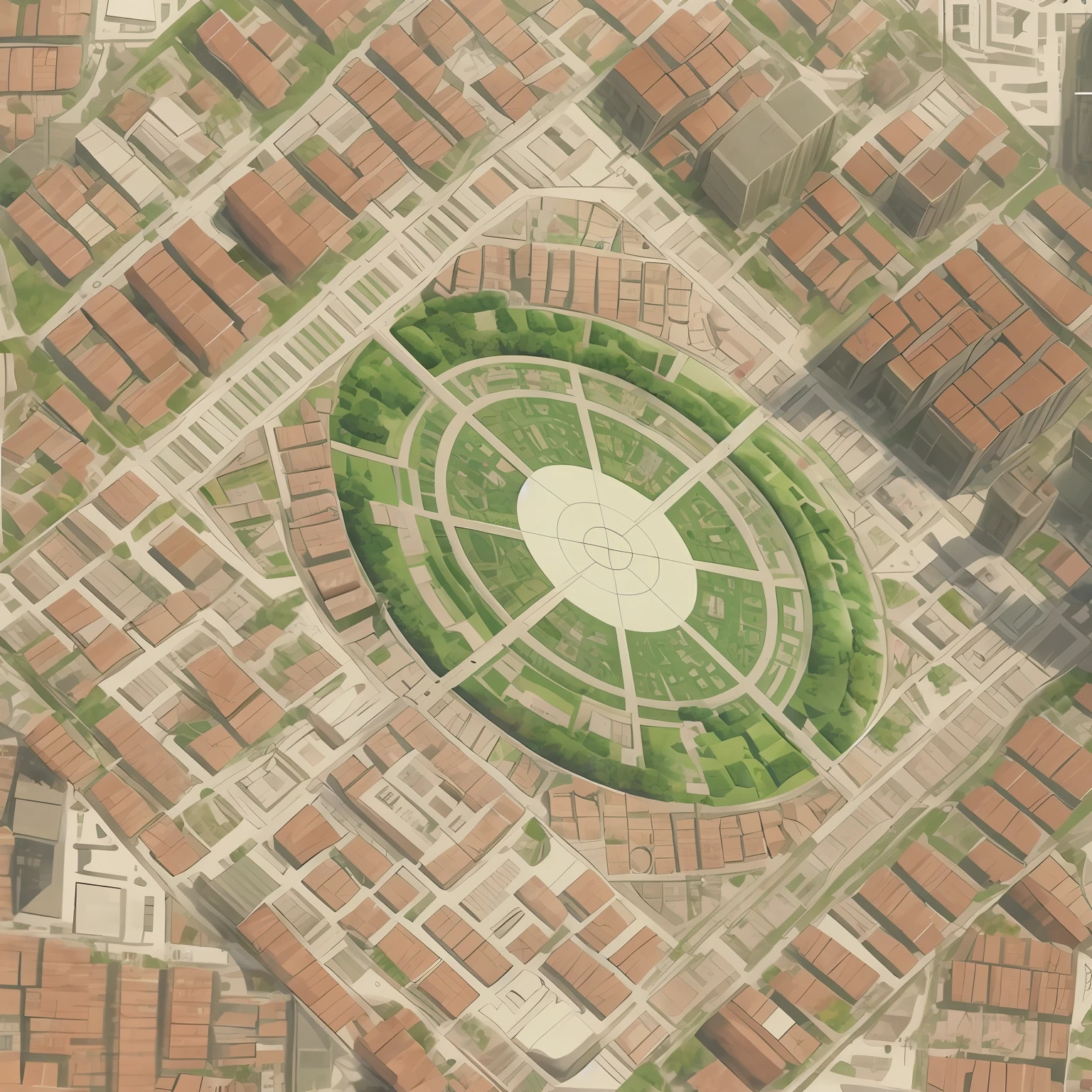 Melhorar qualidade de imagem, melhorar qualidade de mapa, an aerial view of a circular garden in a city, aerial illustration, Parks and Public Space, isometric aerial view, cidade em camadas expansiva e detalhada, aerial view of a city, isometric map, cidade detalhada, Utopia Solarpunk do Centro, planeamento urbano, bird's eye view of a city, isometric vision, Sunken Square, Directed by: Artur Tarnowski