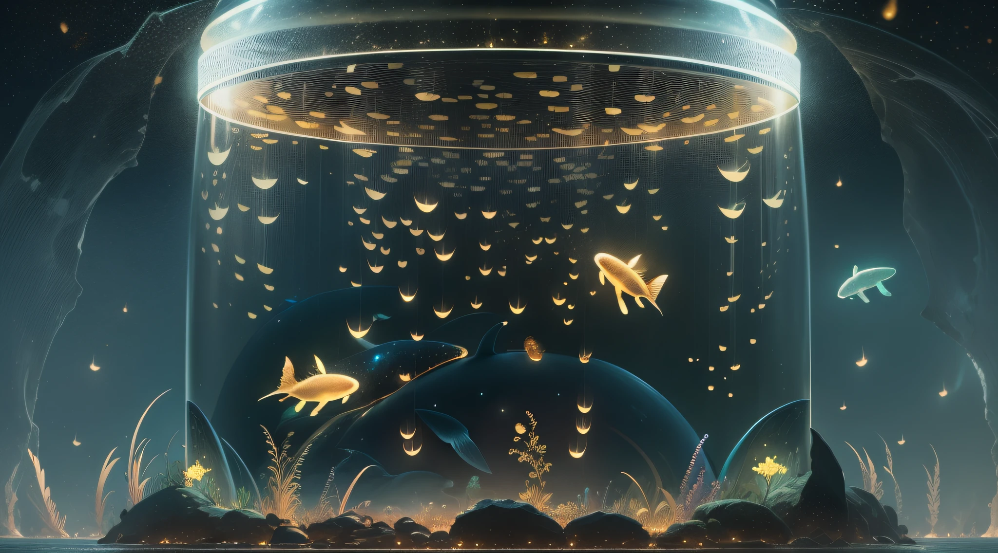 ((Fireflies form the silhouette of a whale)),((Transparent whale with firefly effect)),(Fireflies shine with golden light),Floating on the surface of the sea,Firefly silhouette,cleanness,nigth,look up to,Wide-angle image,,super detailing,best qualtiy,tmasterpiece,(8K quality),Extremely detailed,Epic artwork
